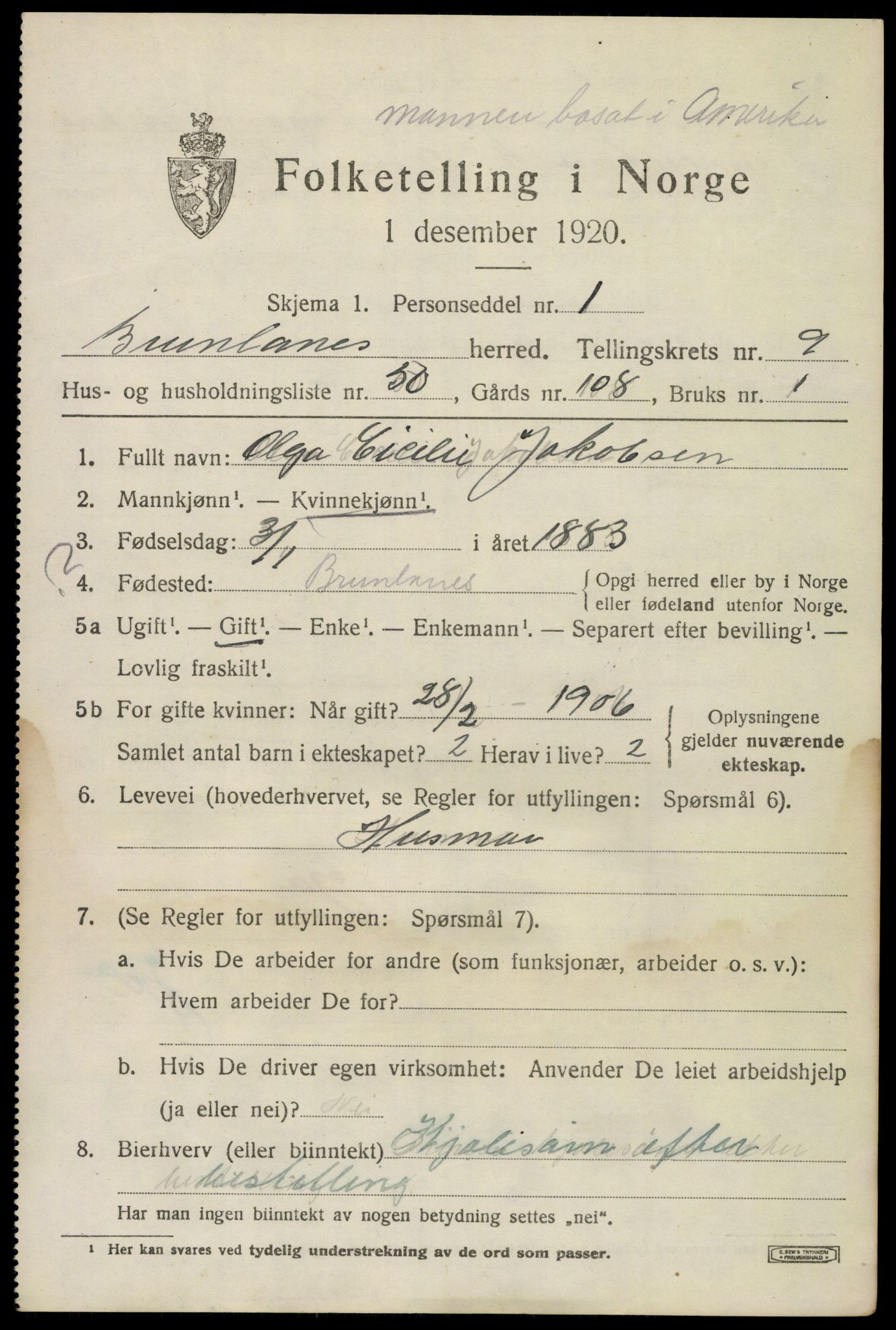 SAKO, 1920 census for Brunlanes, 1920, p. 8333