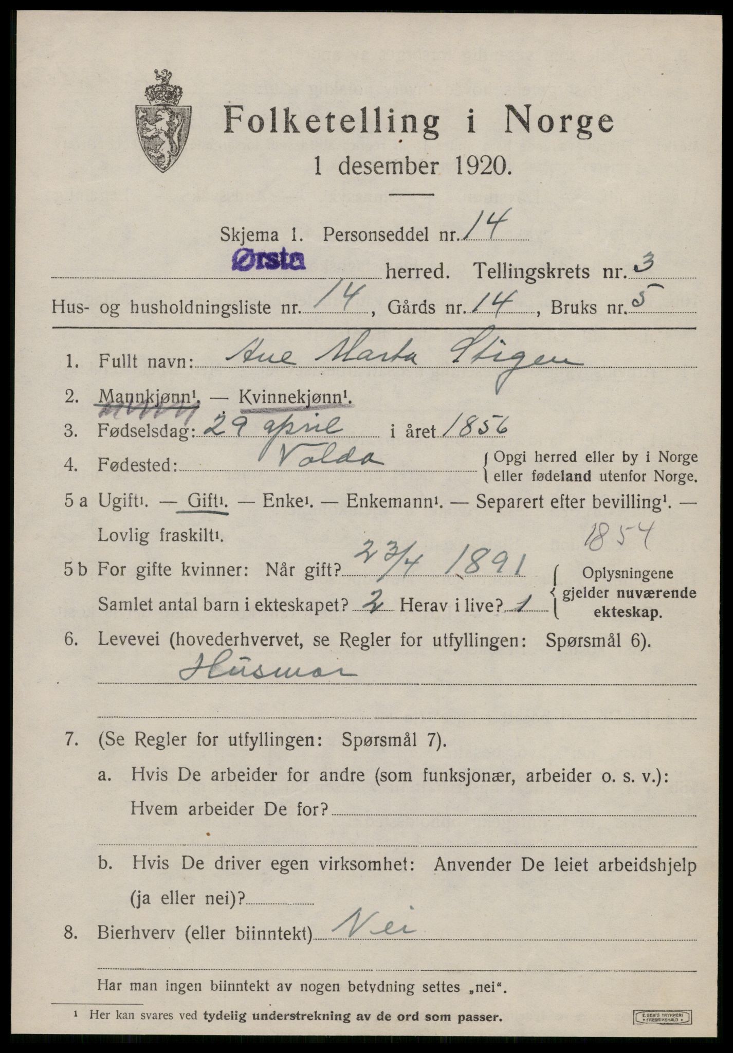 SAT, 1920 census for Ørsta, 1920, p. 2746