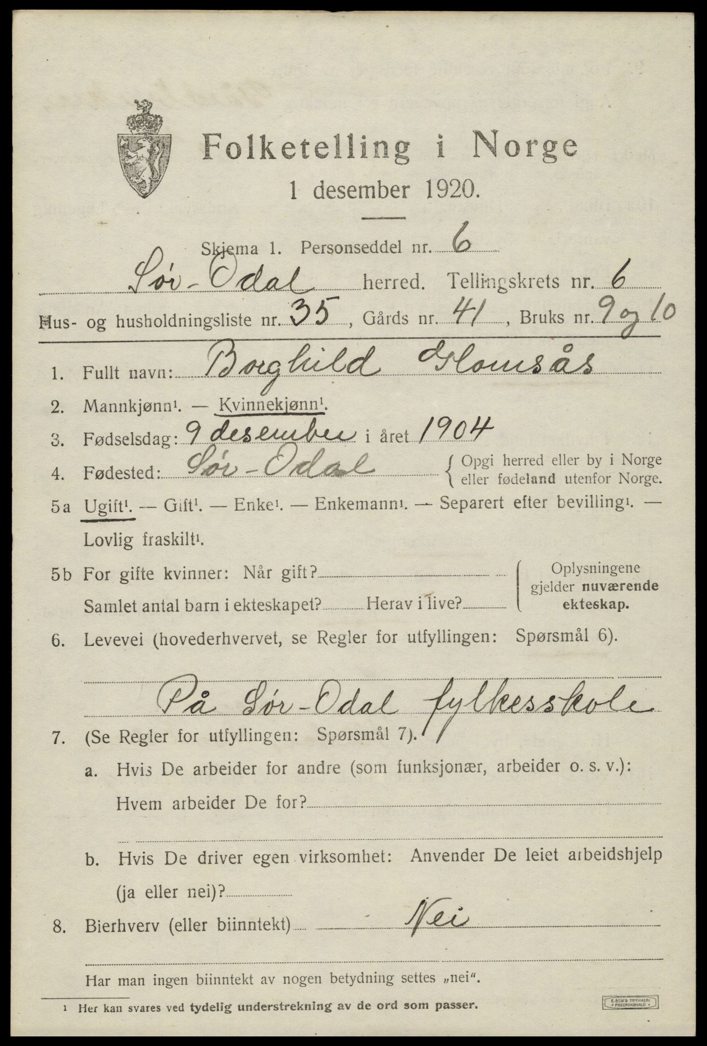 SAH, 1920 census for Sør-Odal, 1920, p. 7193