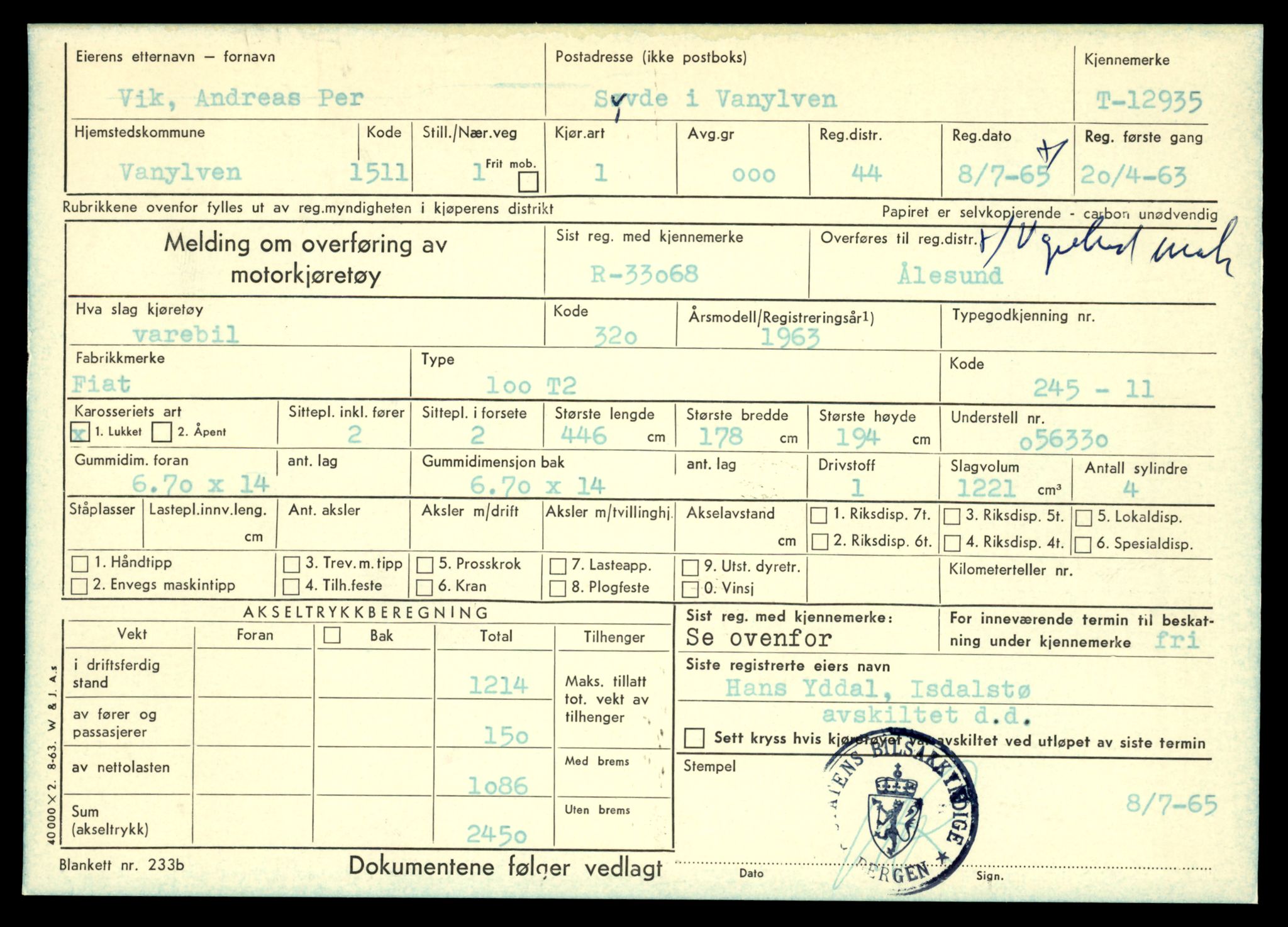 Møre og Romsdal vegkontor - Ålesund trafikkstasjon, AV/SAT-A-4099/F/Fe/L0036: Registreringskort for kjøretøy T 12831 - T 13030, 1927-1998, p. 1607