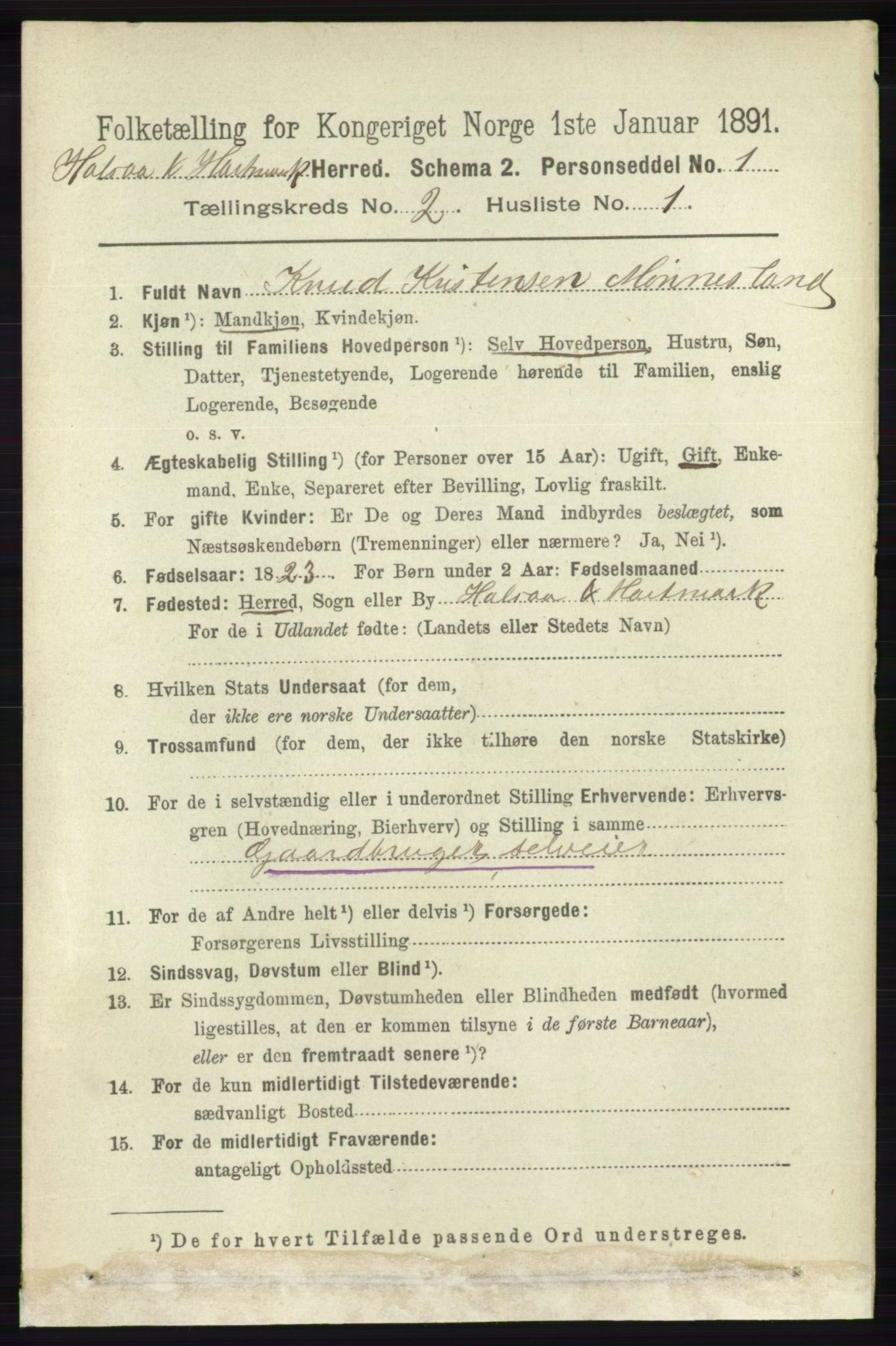 RA, 1891 census for 1019 Halse og Harkmark, 1891, p. 526