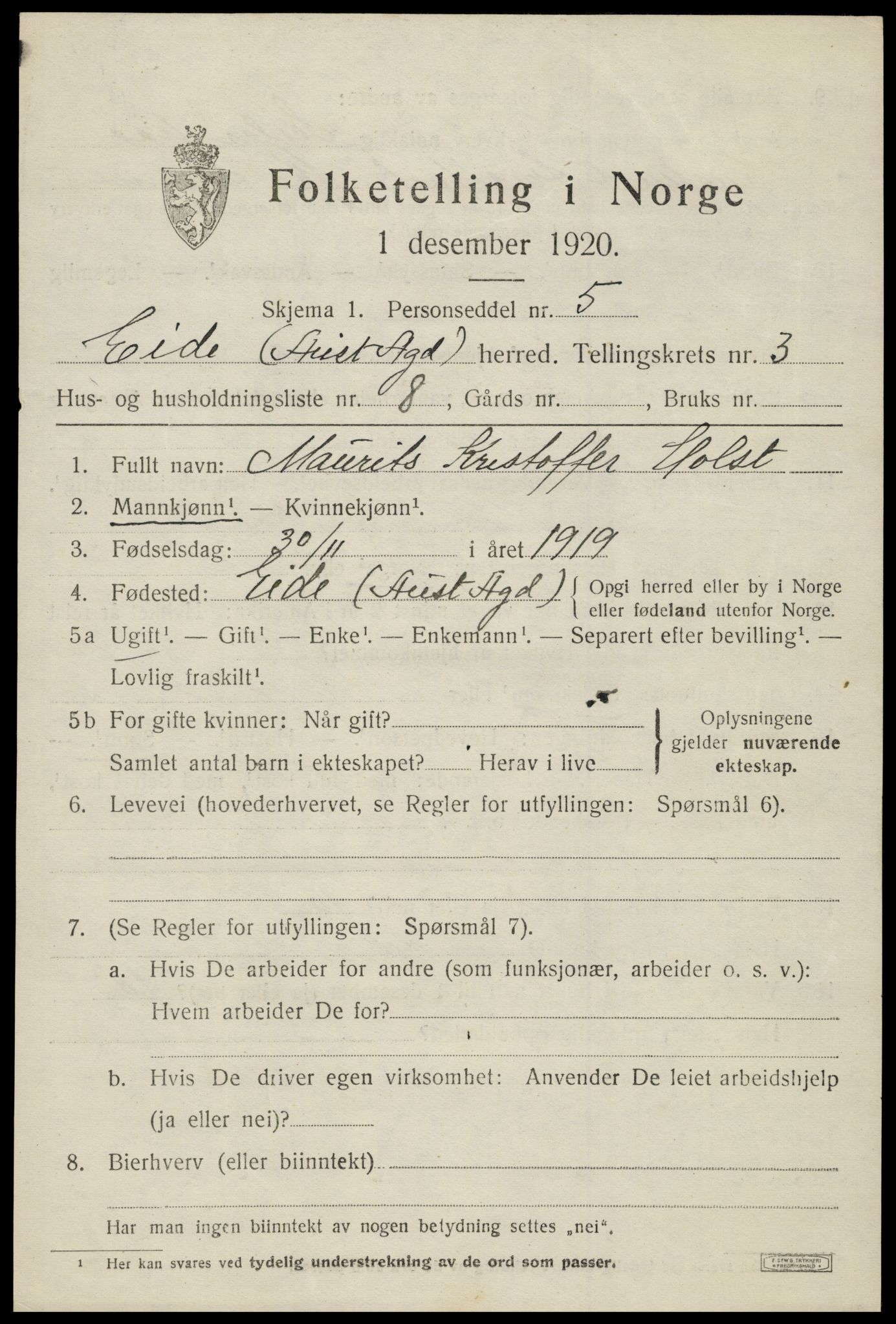 SAK, 1920 census for Eide, 1920, p. 1016