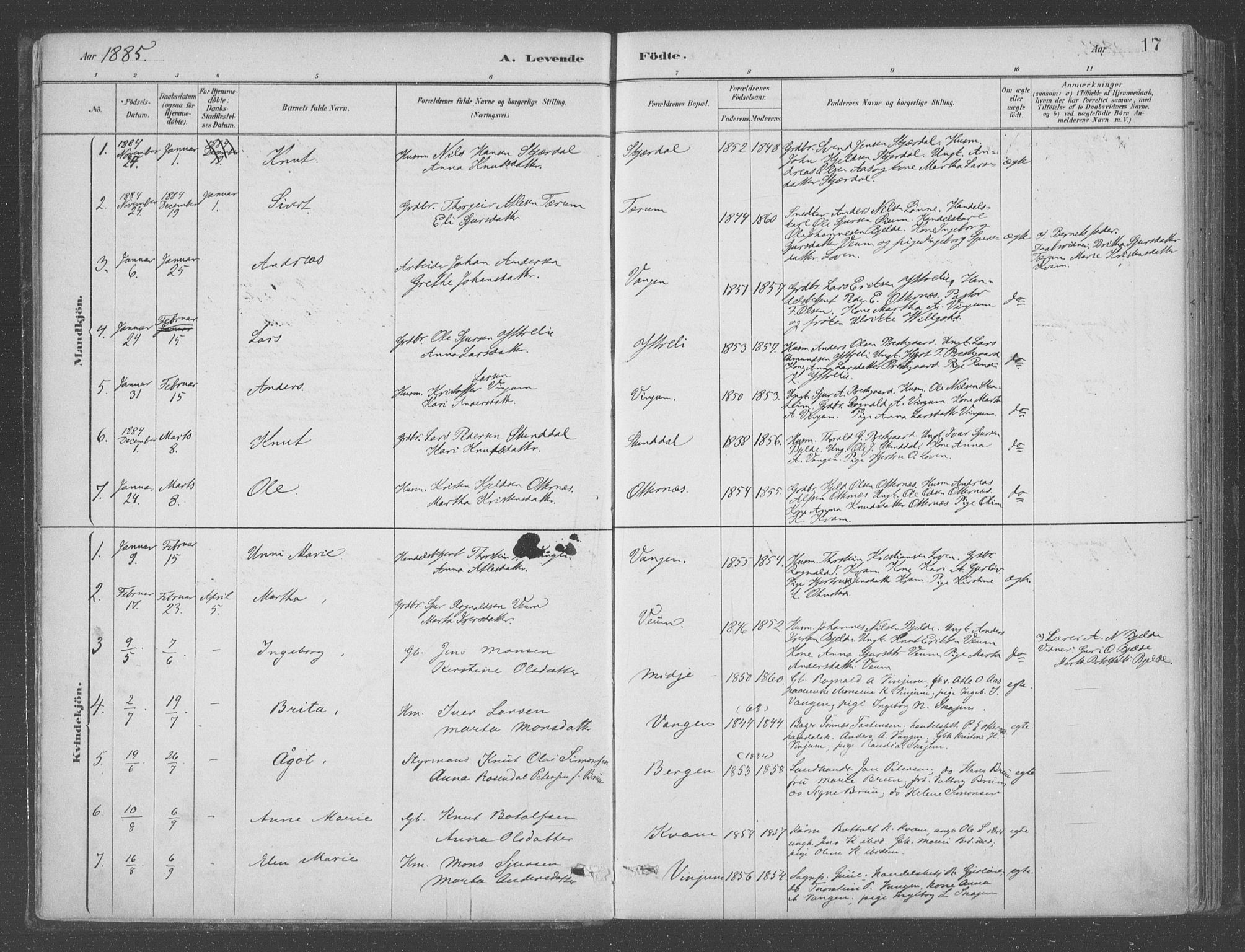 Aurland sokneprestembete, SAB/A-99937/H/Ha/Hab/L0001: Parish register (official) no. B  1, 1880-1909, p. 17