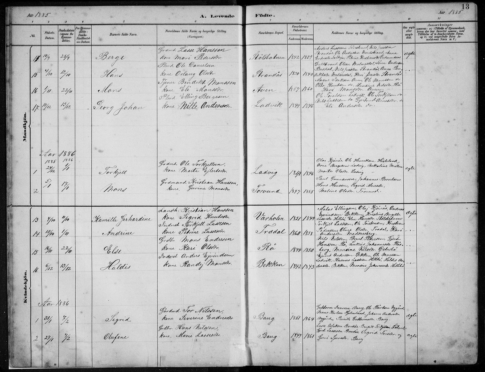 Lavik sokneprestembete, SAB/A-80901: Parish register (copy) no. A 2, 1882-1910, p. 13