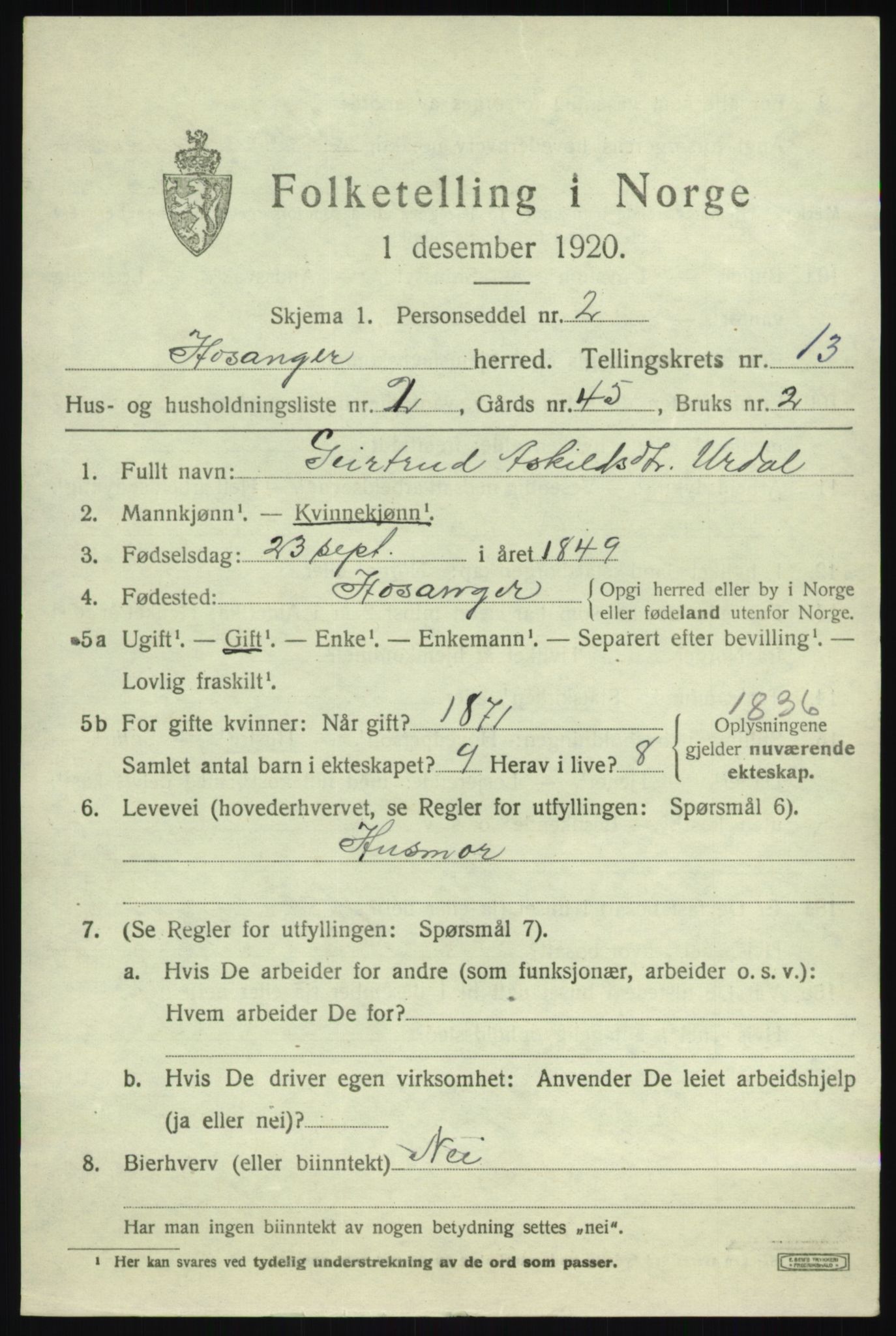 SAB, 1920 census for Hosanger, 1920, p. 5111