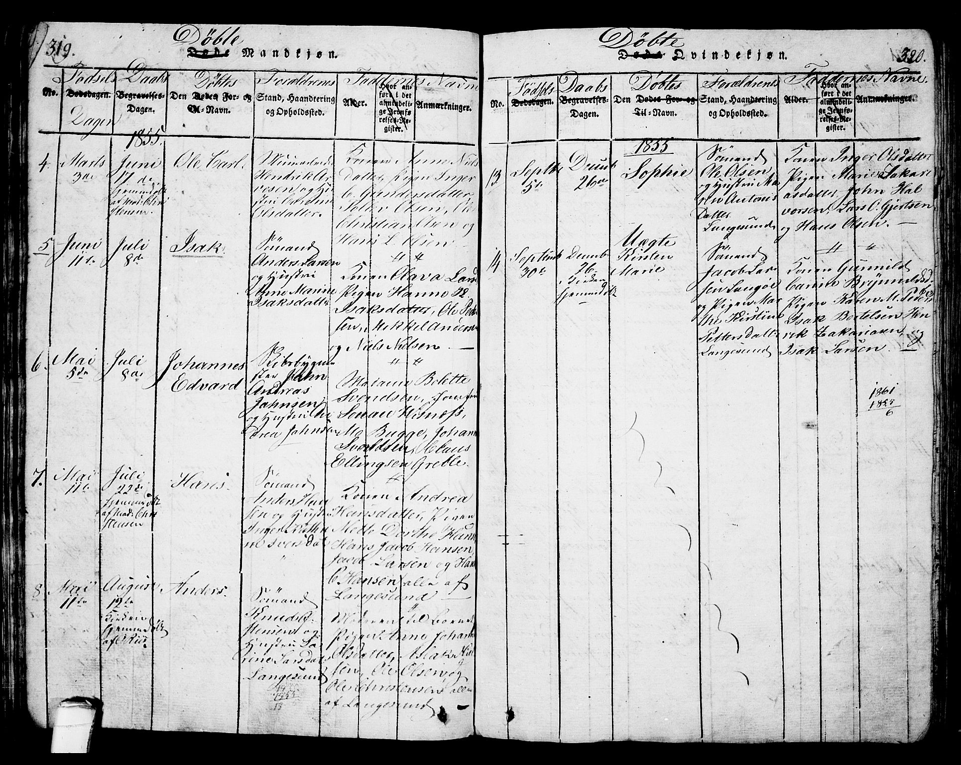 Langesund kirkebøker, SAKO/A-280/G/Ga/L0003: Parish register (copy) no. 3, 1815-1858, p. 319-320
