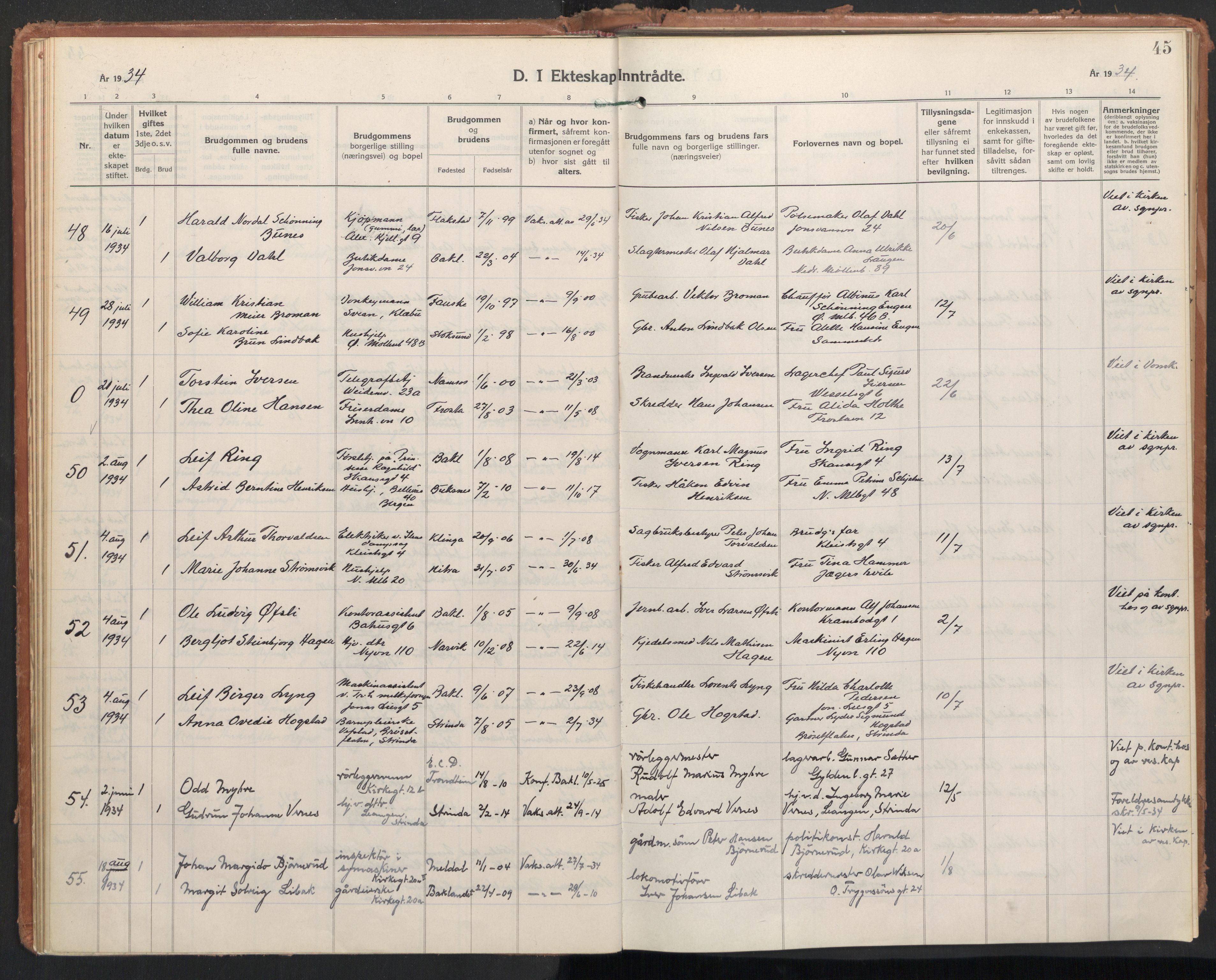 Ministerialprotokoller, klokkerbøker og fødselsregistre - Sør-Trøndelag, AV/SAT-A-1456/604/L0209: Parish register (official) no. 604A29, 1931-1945, p. 45