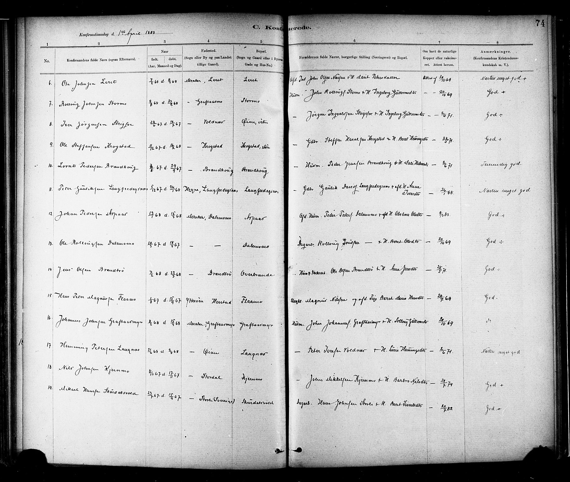 Ministerialprotokoller, klokkerbøker og fødselsregistre - Nord-Trøndelag, SAT/A-1458/706/L0047: Parish register (official) no. 706A03, 1878-1892, p. 74