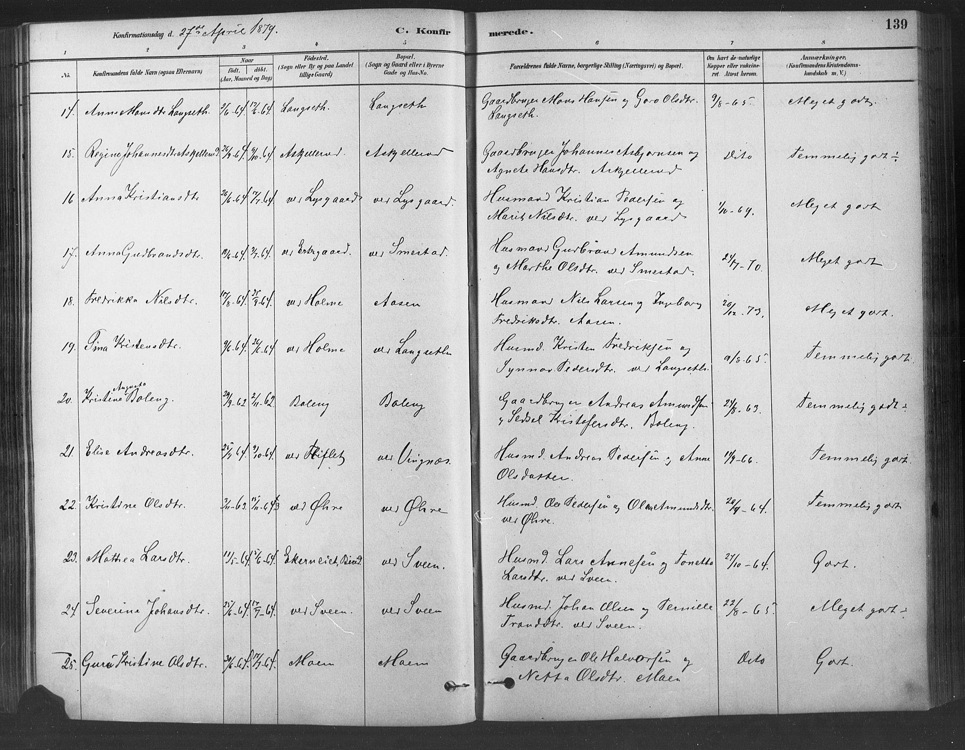 Fåberg prestekontor, AV/SAH-PREST-086/H/Ha/Haa/L0009: Parish register (official) no. 9, 1879-1898, p. 139