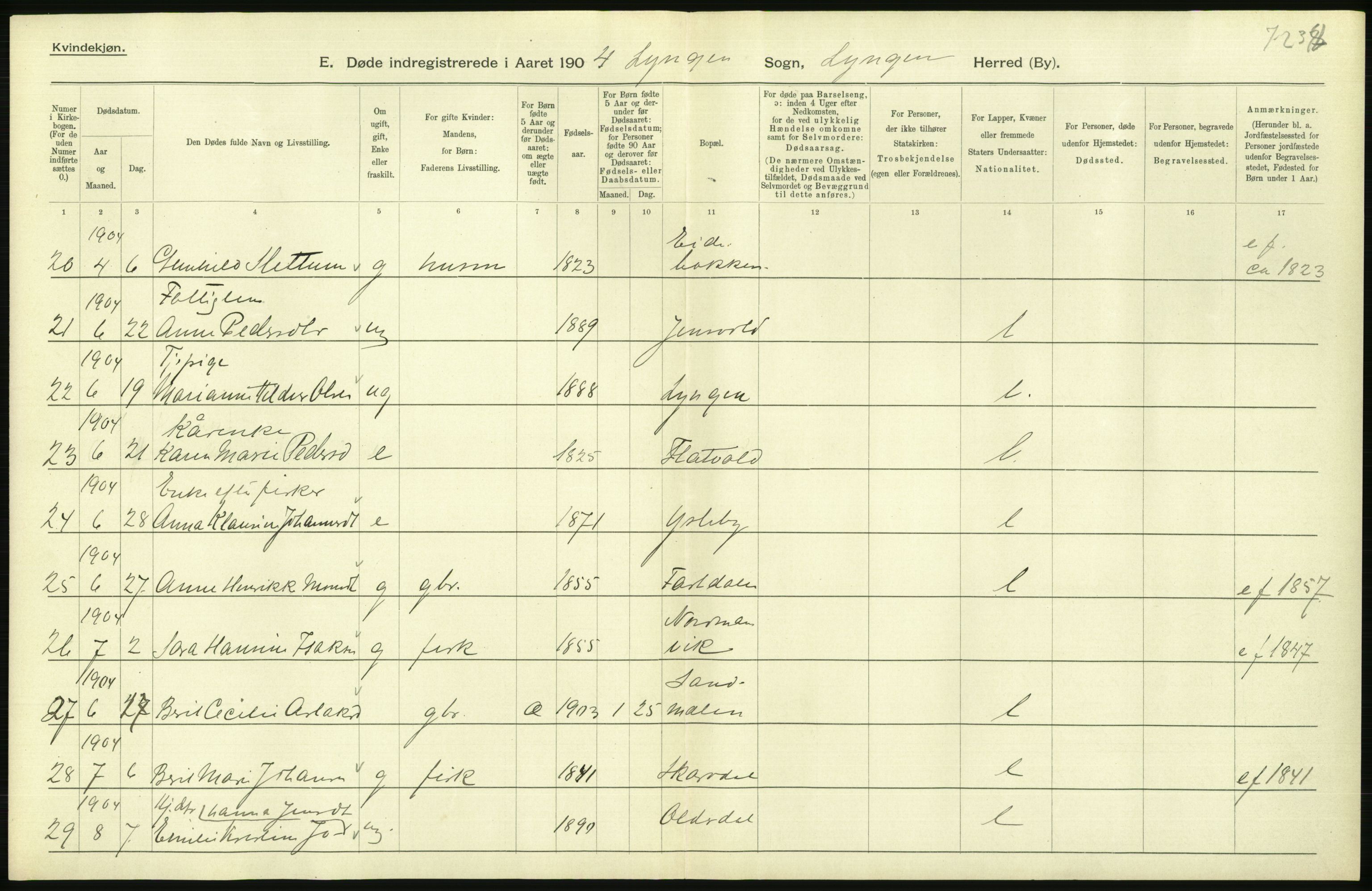 Statistisk sentralbyrå, Sosiodemografiske emner, Befolkning, RA/S-2228/D/Df/Dfa/Dfab/L0022: Tromsø amt: Fødte, gifte, døde, 1904, p. 392