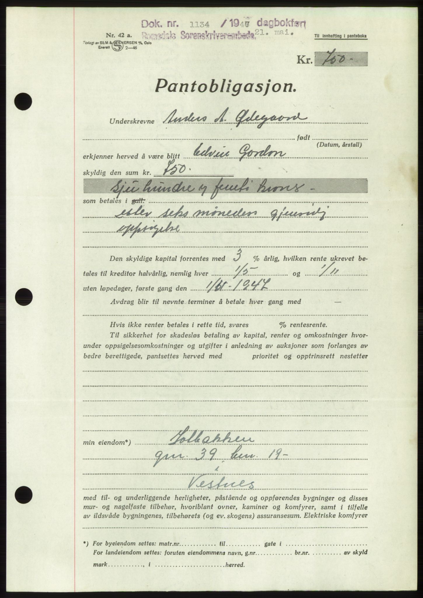 Romsdal sorenskriveri, AV/SAT-A-4149/1/2/2C: Mortgage book no. B3, 1946-1948, Diary no: : 1134/1947