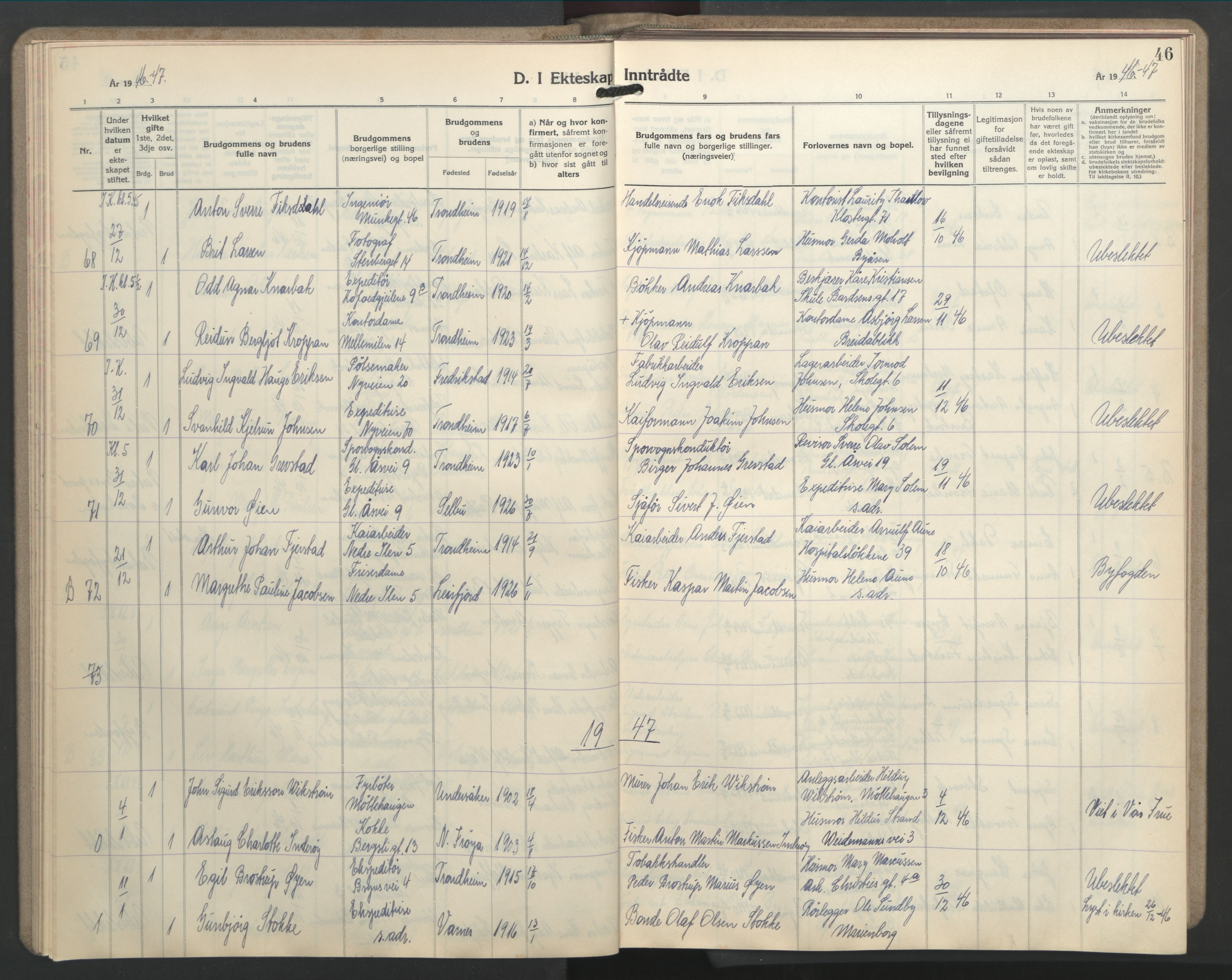 Ministerialprotokoller, klokkerbøker og fødselsregistre - Sør-Trøndelag, AV/SAT-A-1456/603/L0177: Parish register (copy) no. 603C05, 1941-1952, p. 46