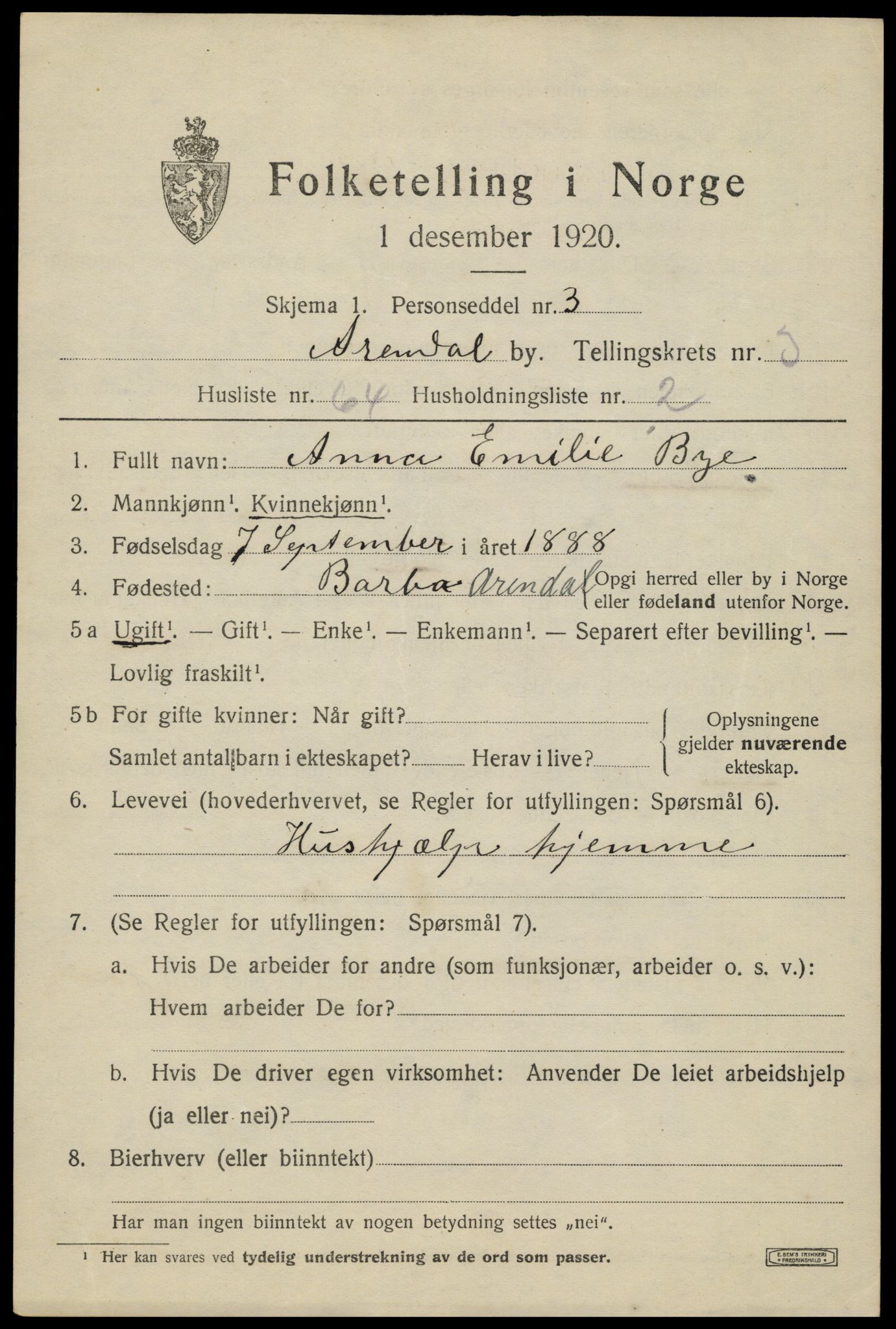 SAK, 1920 census for Arendal, 1920, p. 11608