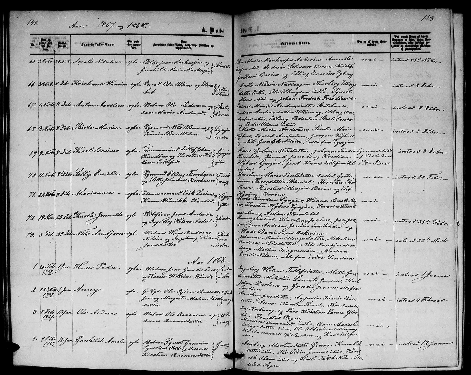 Dypvåg sokneprestkontor, SAK/1111-0007/F/Fb/Fba/L0011: Parish register (copy) no. B 11, 1857-1872, p. 142-143