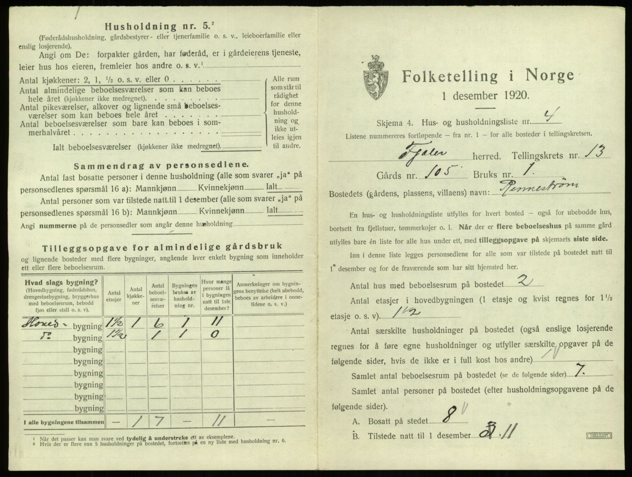 SAB, 1920 census for Fjaler, 1920, p. 1066