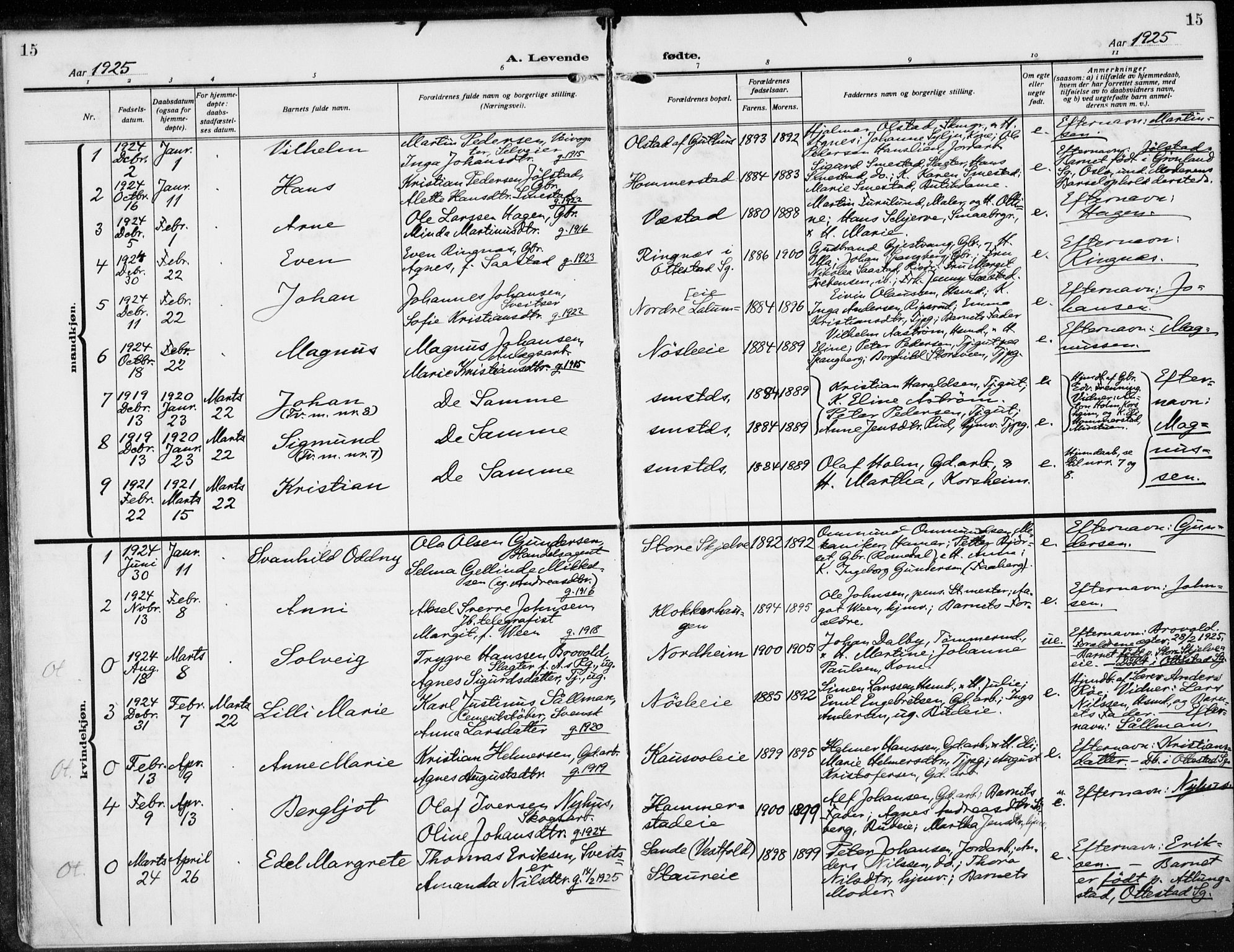 Stange prestekontor, AV/SAH-PREST-002/K/L0026: Parish register (official) no. 26, 1923-1937, p. 15