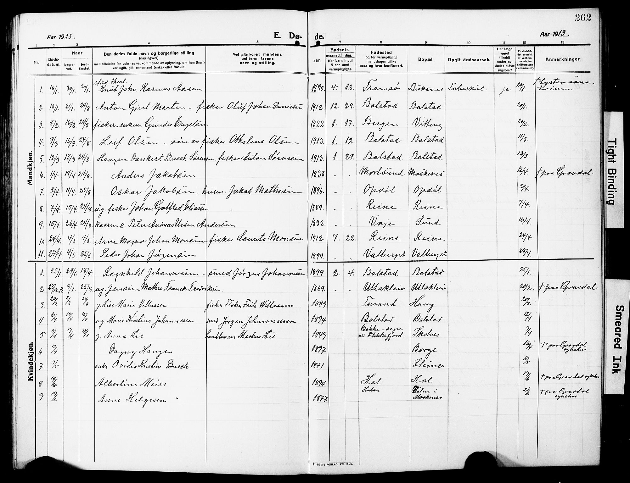 Ministerialprotokoller, klokkerbøker og fødselsregistre - Nordland, AV/SAT-A-1459/881/L1169: Parish register (copy) no. 881C06, 1912-1930, p. 262