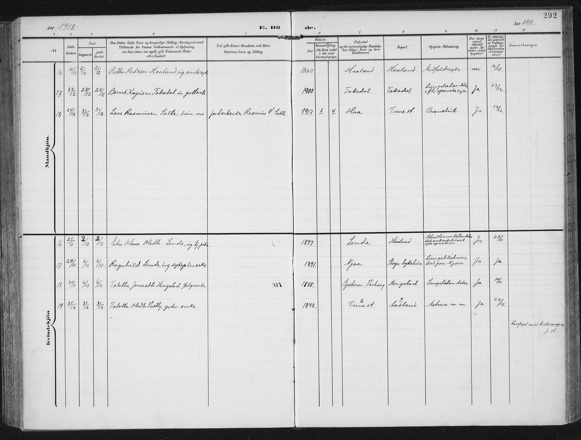 Lye sokneprestkontor, AV/SAST-A-101794/002/A/L0001: Parish register (official) no. A 12, 1904-1920, p. 292