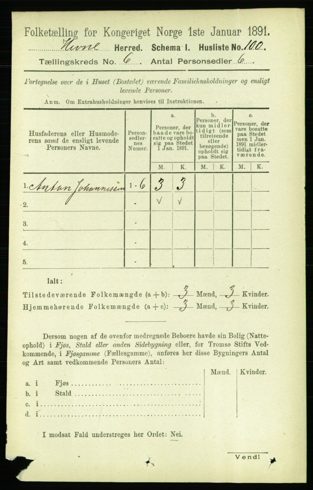 RA, 1891 census for 1612 Hemne, 1891, p. 3414