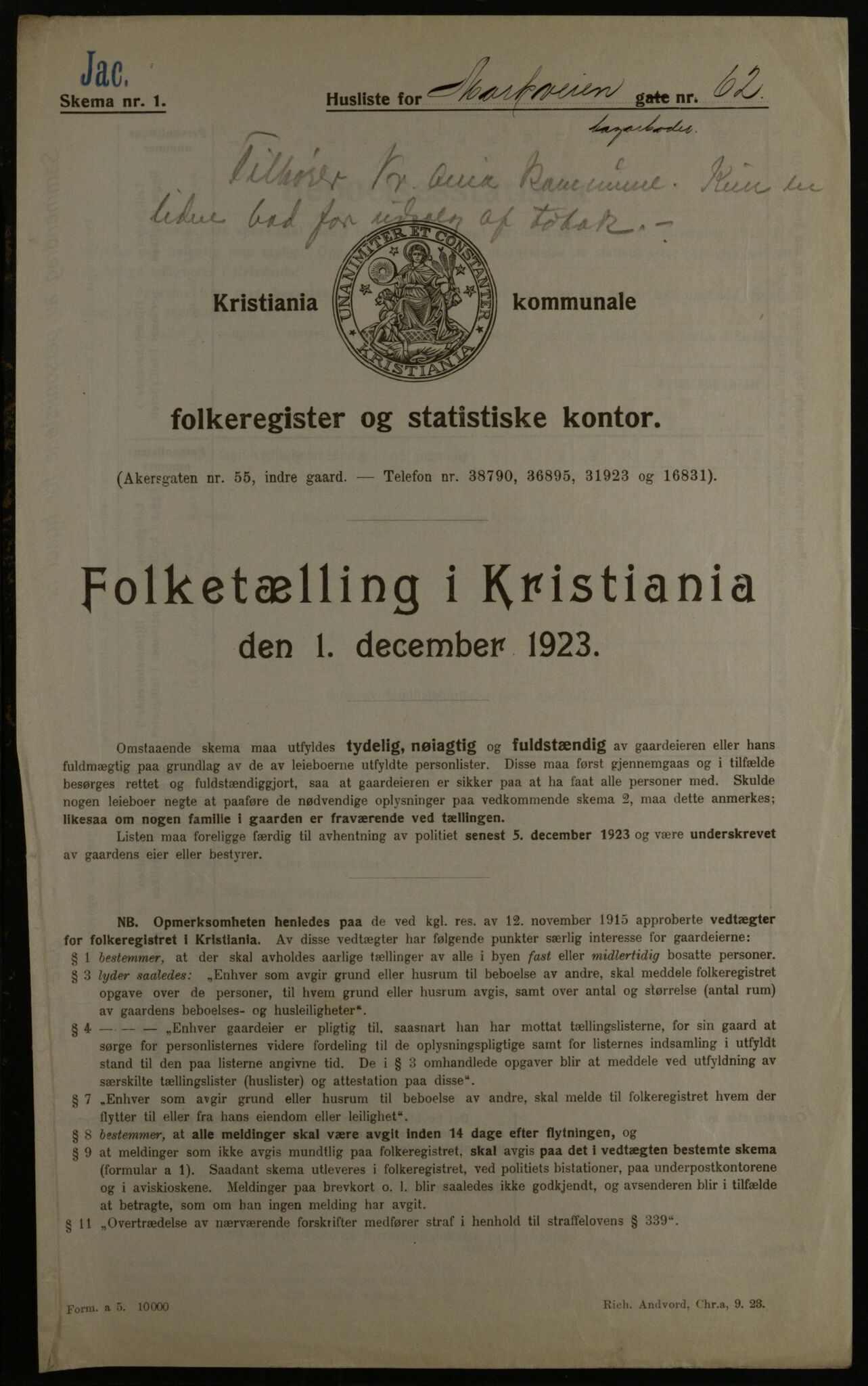 OBA, Municipal Census 1923 for Kristiania, 1923, p. 71346