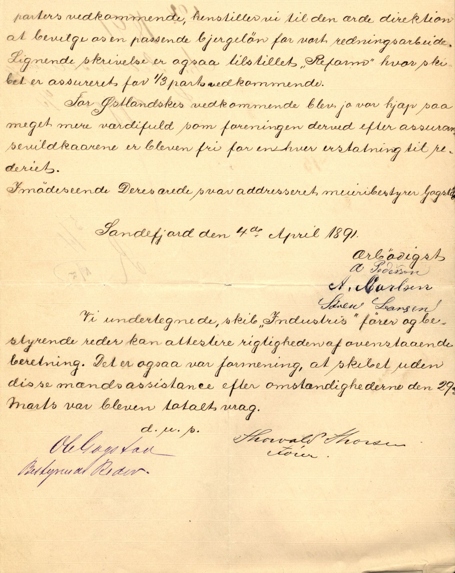 Pa 63 - Østlandske skibsassuranceforening, VEMU/A-1079/G/Ga/L0027/0012: Havaridokumenter / Hans Nielsen Hauge, Verena, Guldfaxe, India, Industri, 1891, p. 31