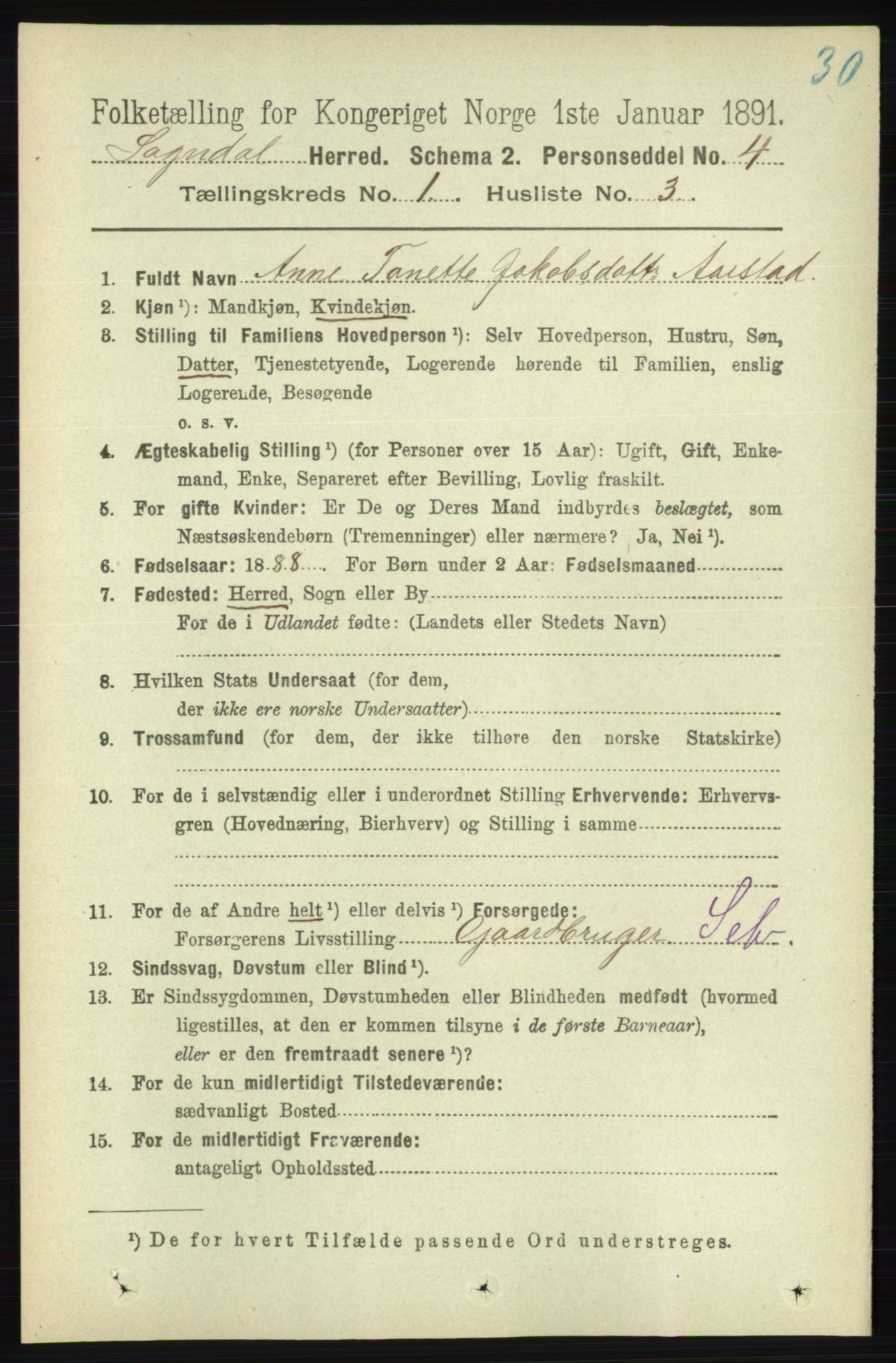 RA, 1891 census for 1111 Sokndal, 1891, p. 103