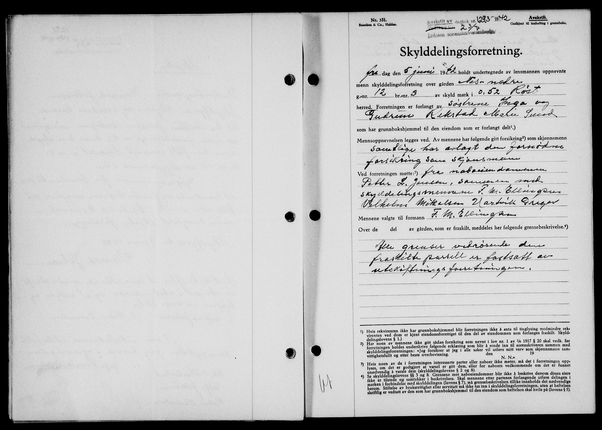 Lofoten sorenskriveri, SAT/A-0017/1/2/2C/L0010a: Mortgage book no. 10a, 1942-1943, Diary no: : 1293/1942