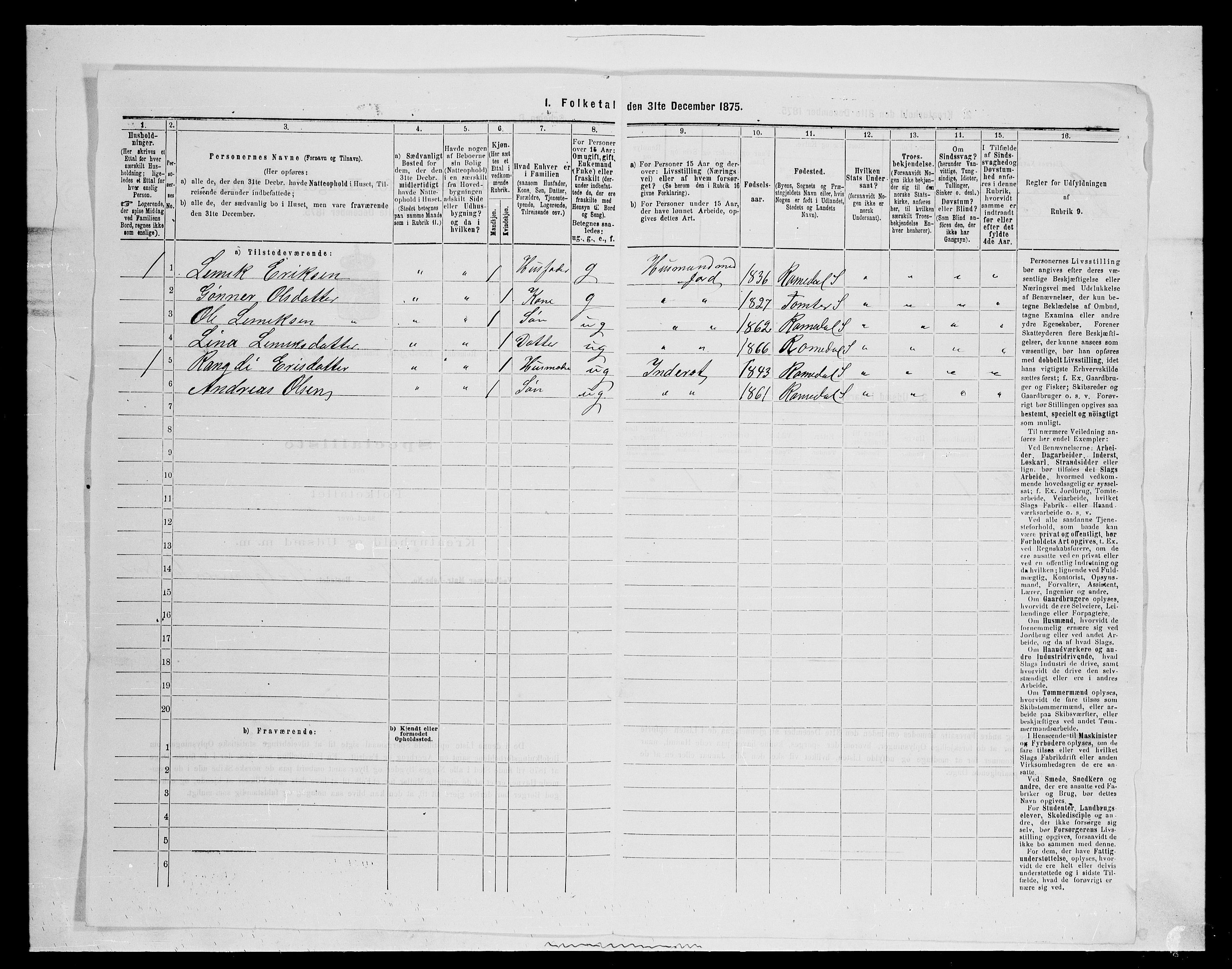 SAH, 1875 census for 0416P Romedal, 1875, p. 268