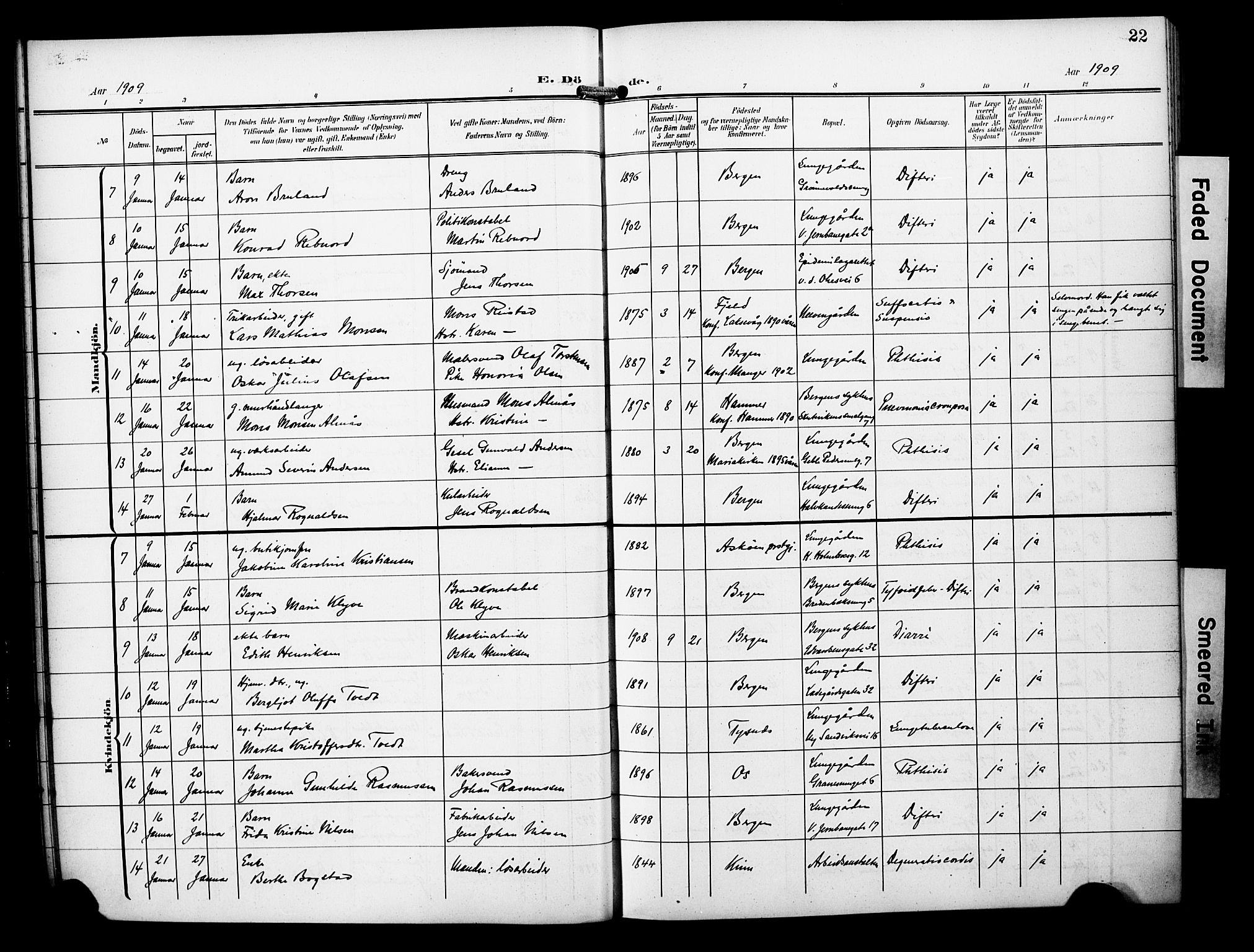 Bergen kommunale pleiehjem - stiftelsespresten, AV/SAB-A-100281: Parish register (official) no. A 6, 1908-1920, p. 22