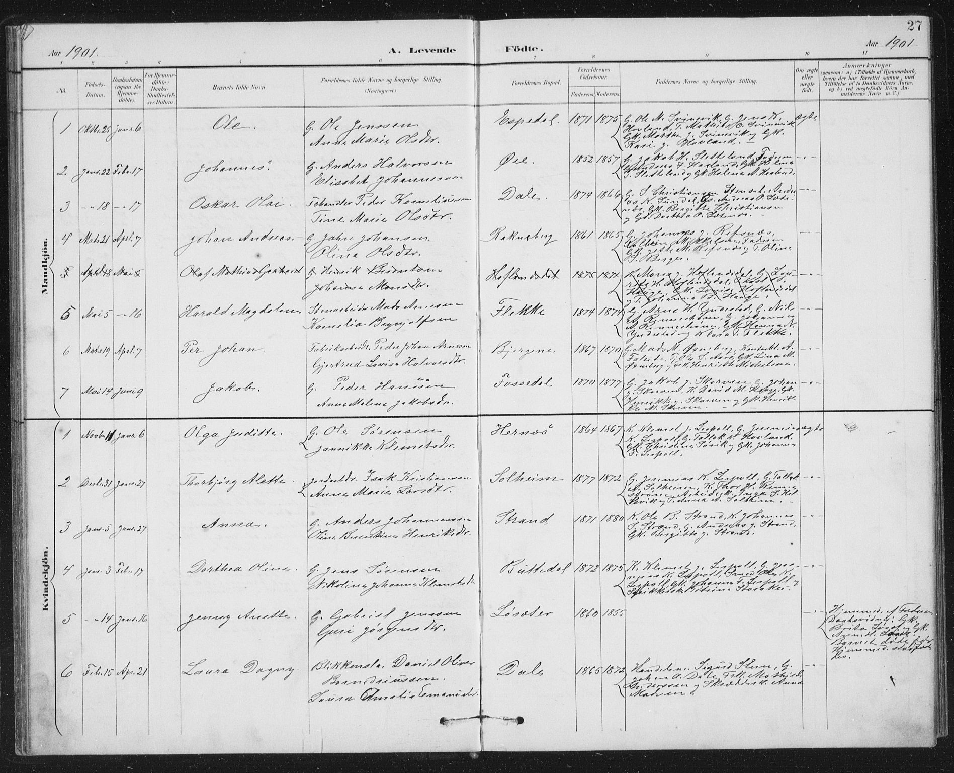 Fjaler sokneprestembete, SAB/A-79801/H/Hab/Habc/L0003: Parish register (copy) no. C 3, 1894-1917, p. 27