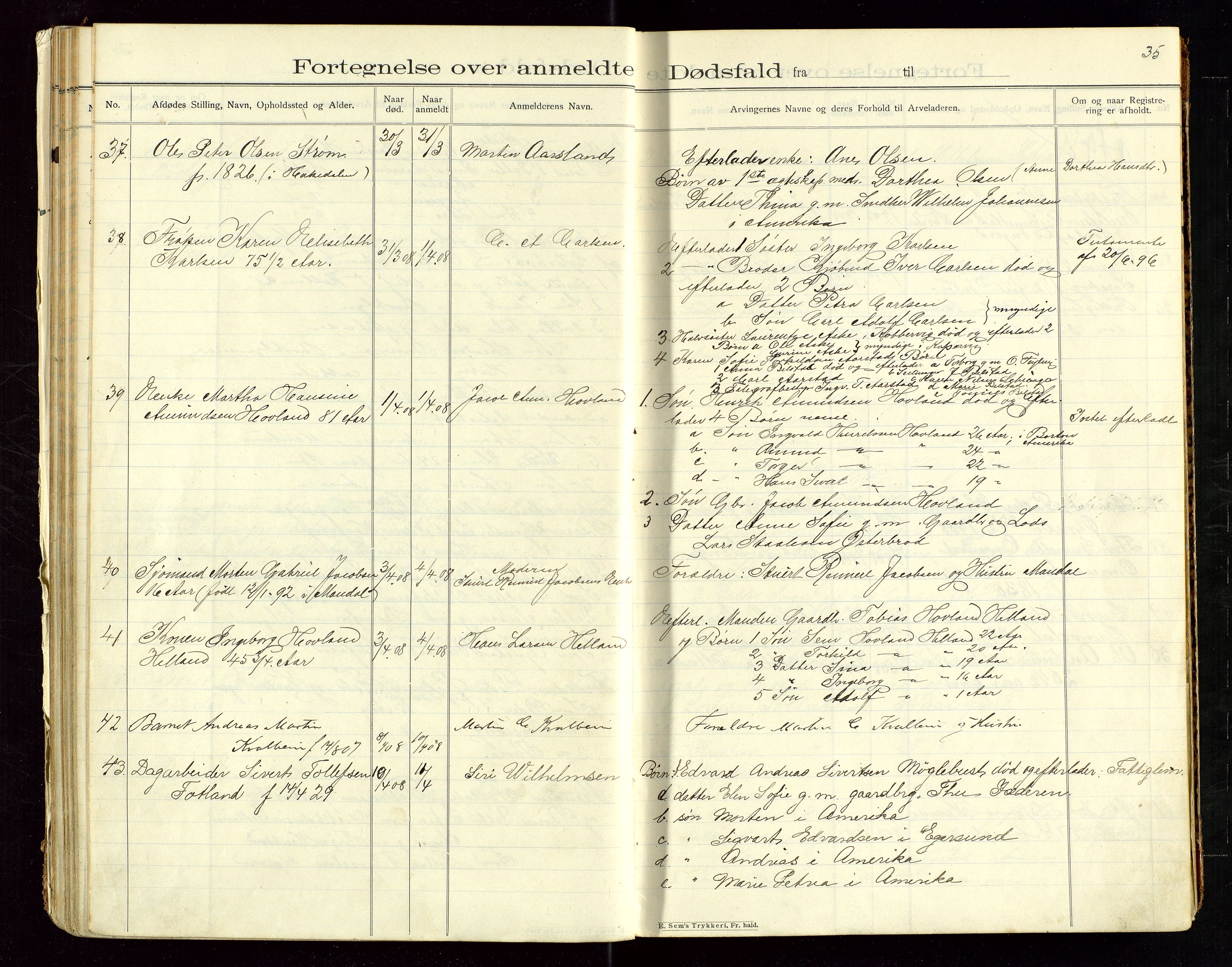Eigersund lensmannskontor, AV/SAST-A-100171/Gga/L0005: "Dødsfalds-Protokol" m/alfabetisk navneregister, 1905-1913, p. 35