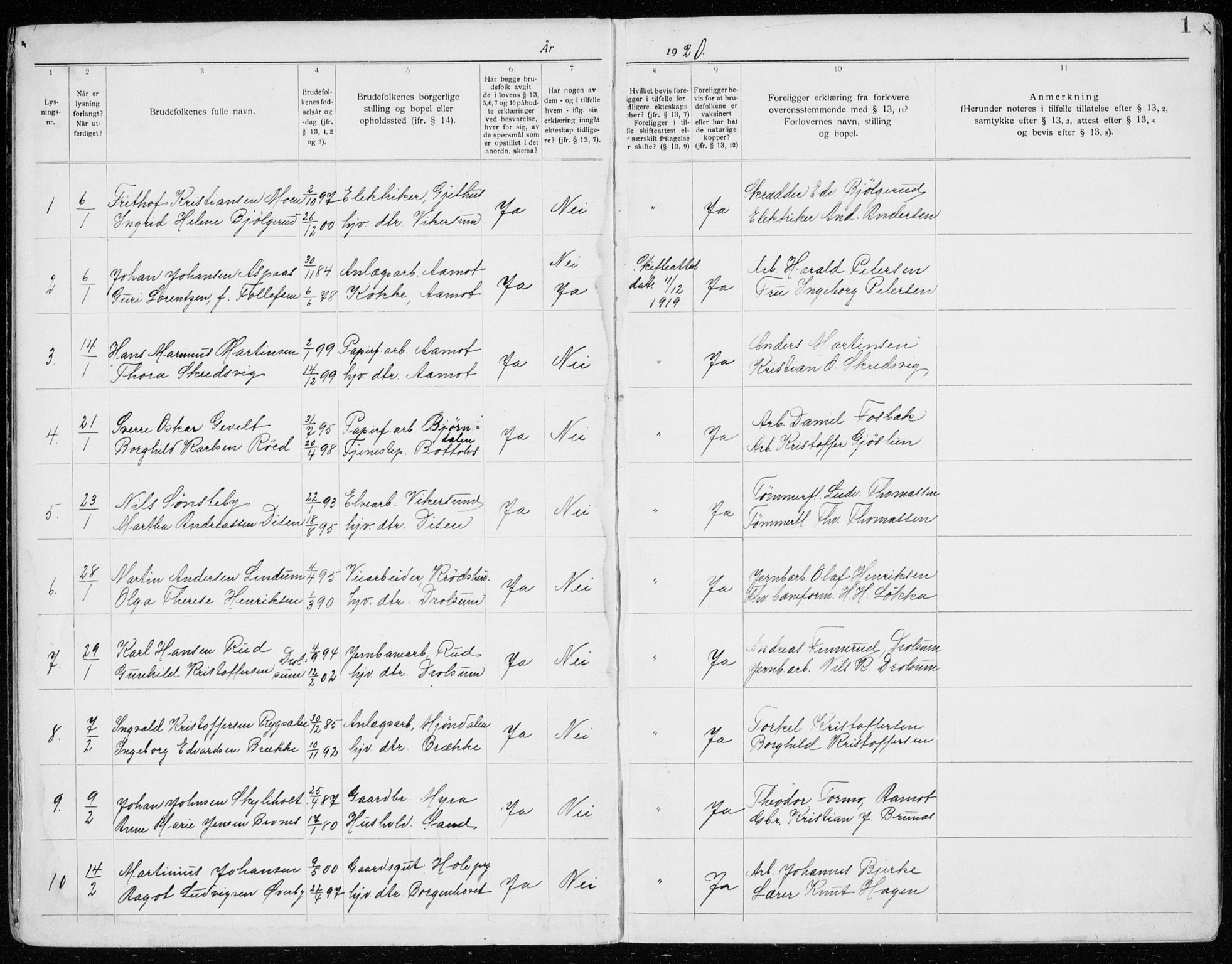 Modum kirkebøker, AV/SAKO-A-234/H/Ha/L0003: Banns register no. I 3, 1920-1934, p. 1