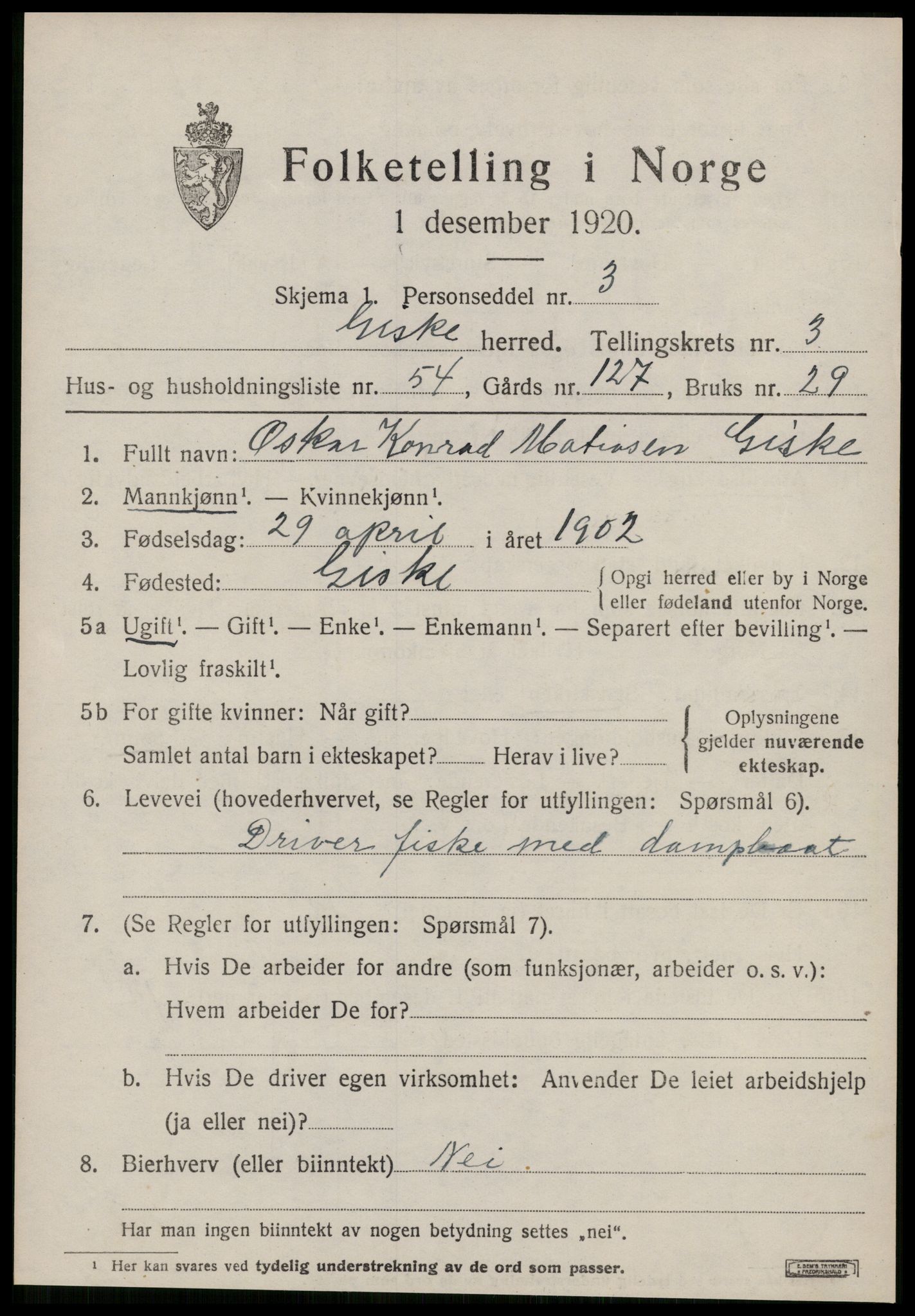 SAT, 1920 census for Giske, 1920, p. 2588