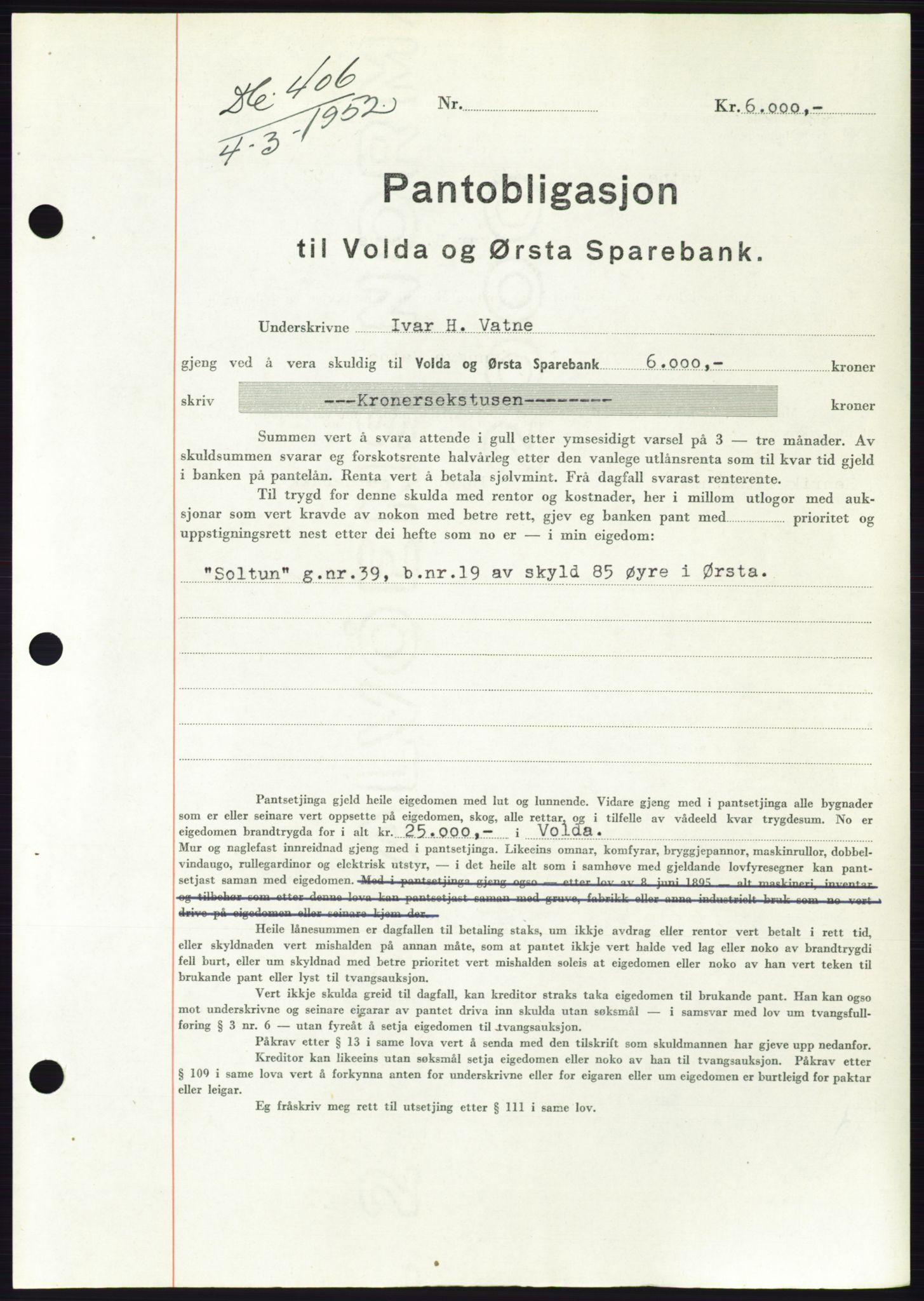 Søre Sunnmøre sorenskriveri, AV/SAT-A-4122/1/2/2C/L0121: Mortgage book no. 9B, 1951-1952, Diary no: : 406/1952