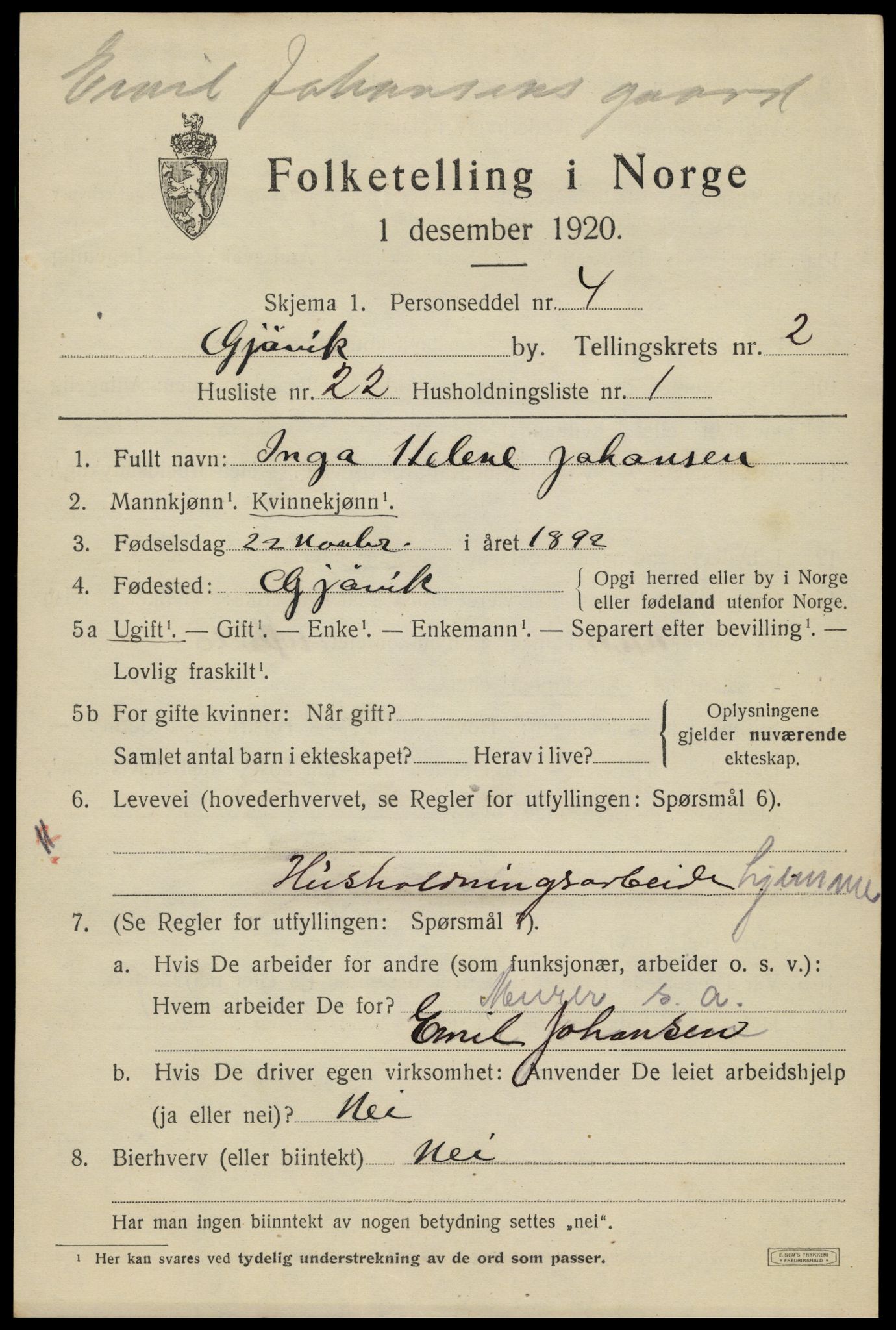 SAH, 1920 census for Gjøvik, 1920, p. 5102