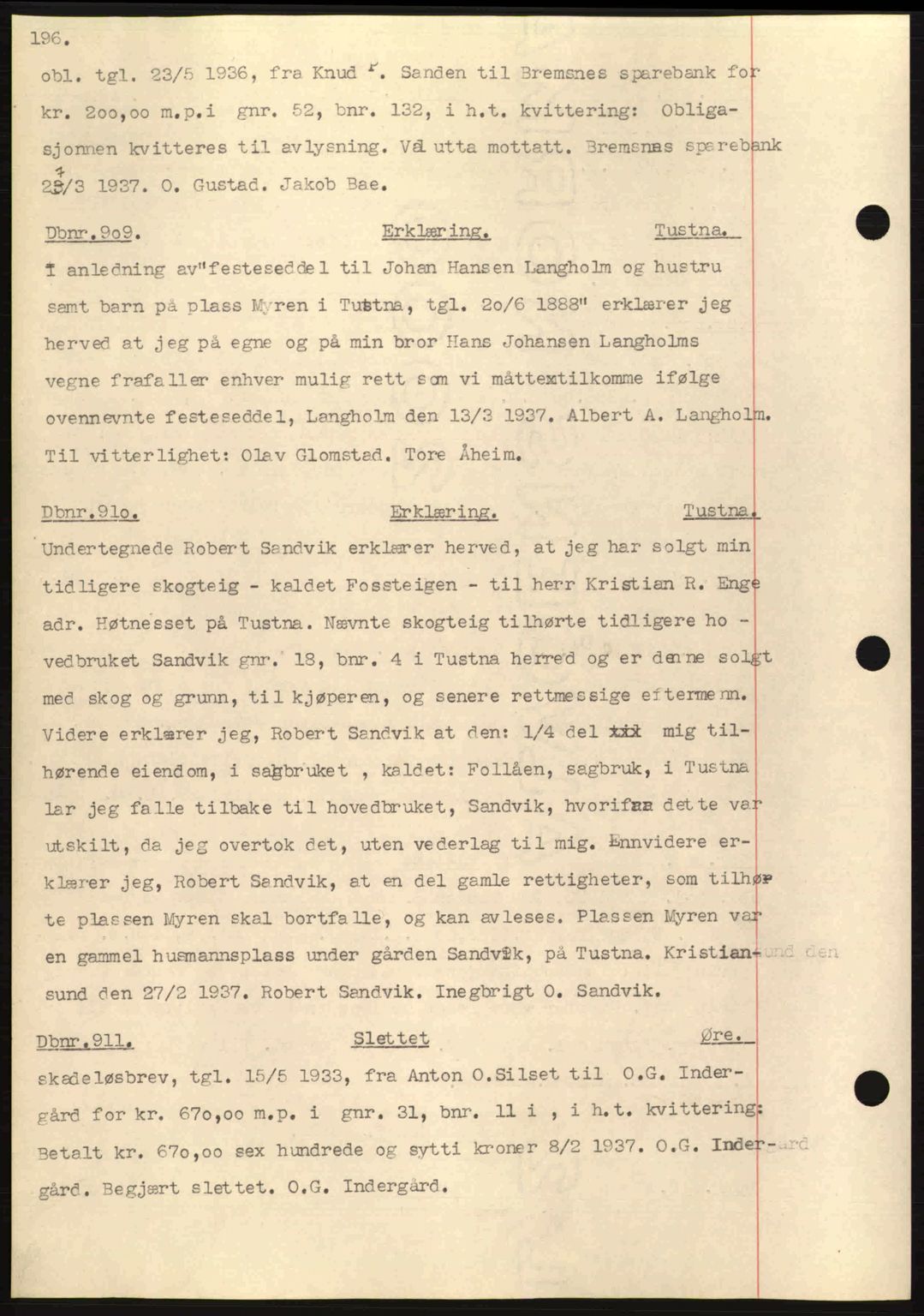 Nordmøre sorenskriveri, AV/SAT-A-4132/1/2/2Ca: Mortgage book no. C80, 1936-1939, Diary no: : 909/1937