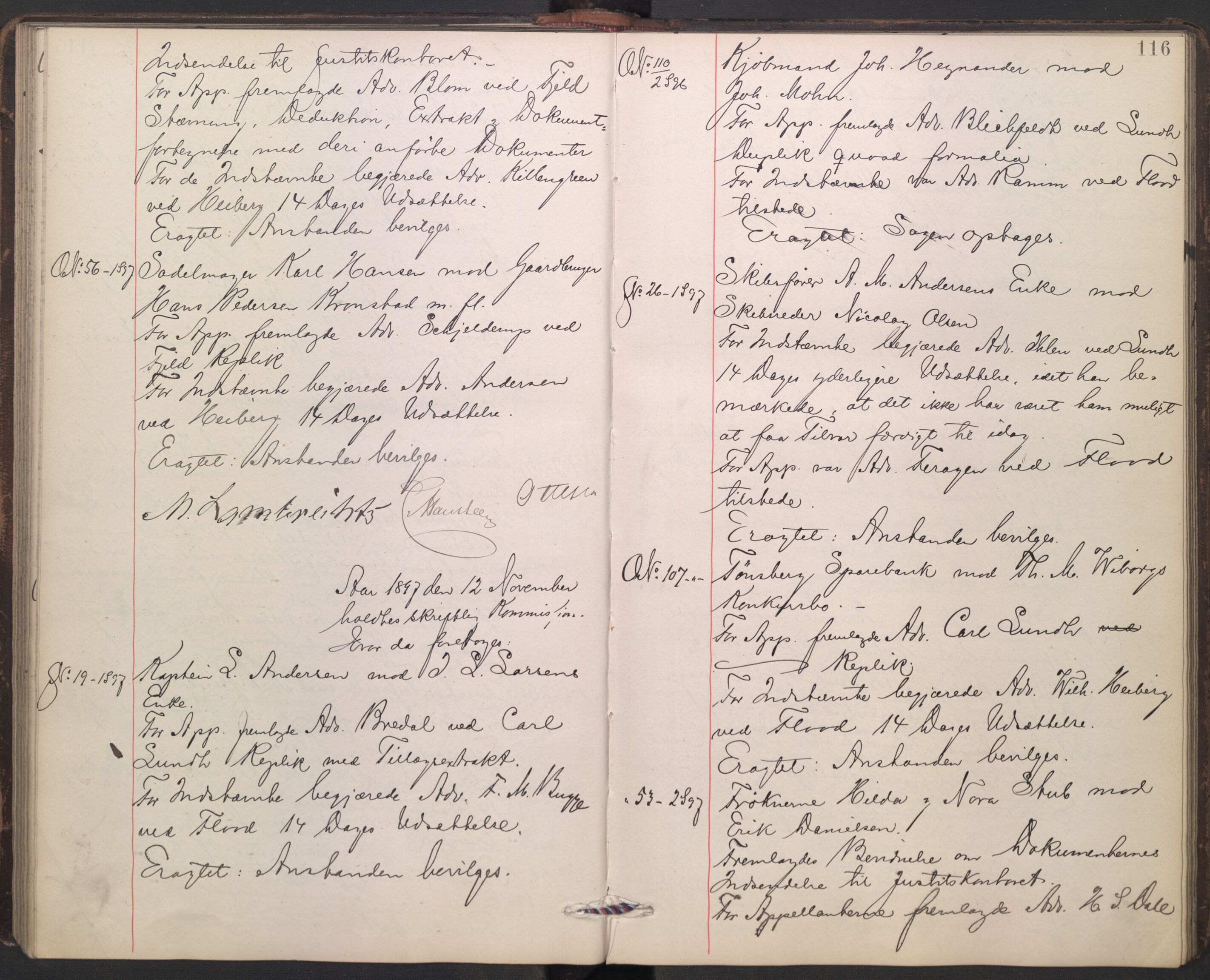 Høyesterett, AV/RA-S-1002/E/Ef/L0018: Protokoll over saker som gikk til skriftlig behandling, 1896-1898, p. 115b-116a