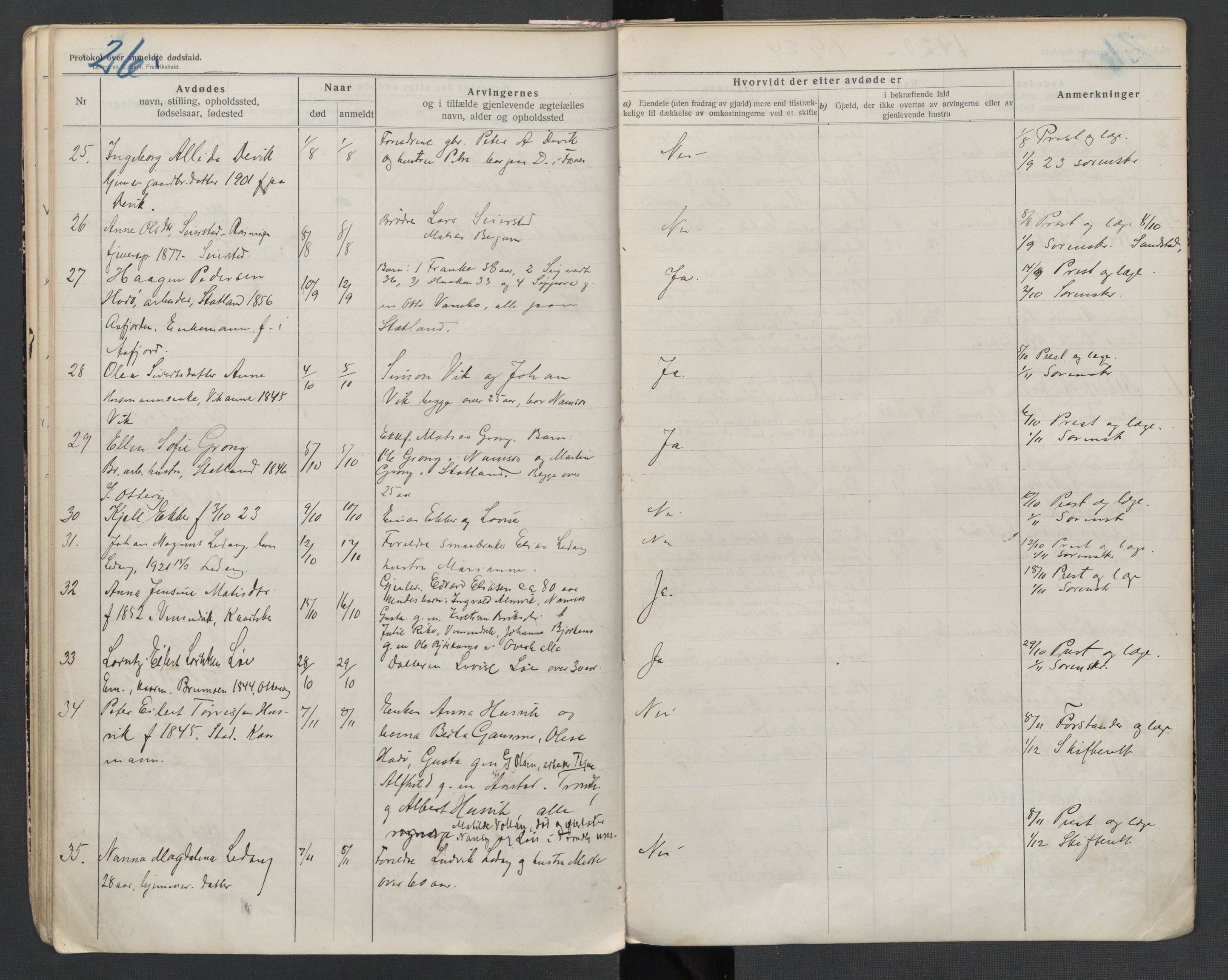 Fosnes lensmannskontor , AV/SAT-A-1022/1/02/L0003: 2.01.03 Dødsfallsprotokoll for Fosnes lensmannsdistrikt, 1916-1930, p. 26