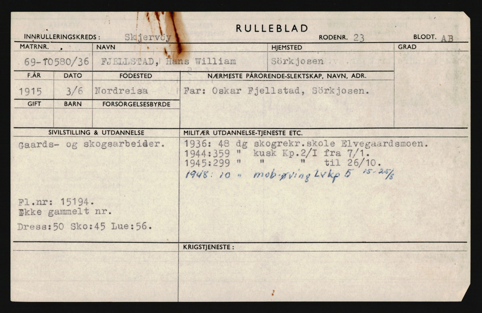 Forsvaret, Troms infanteriregiment nr. 16, AV/RA-RAFA-3146/P/Pa/L0020: Rulleblad for regimentets menige mannskaper, årsklasse 1936, 1936, p. 233