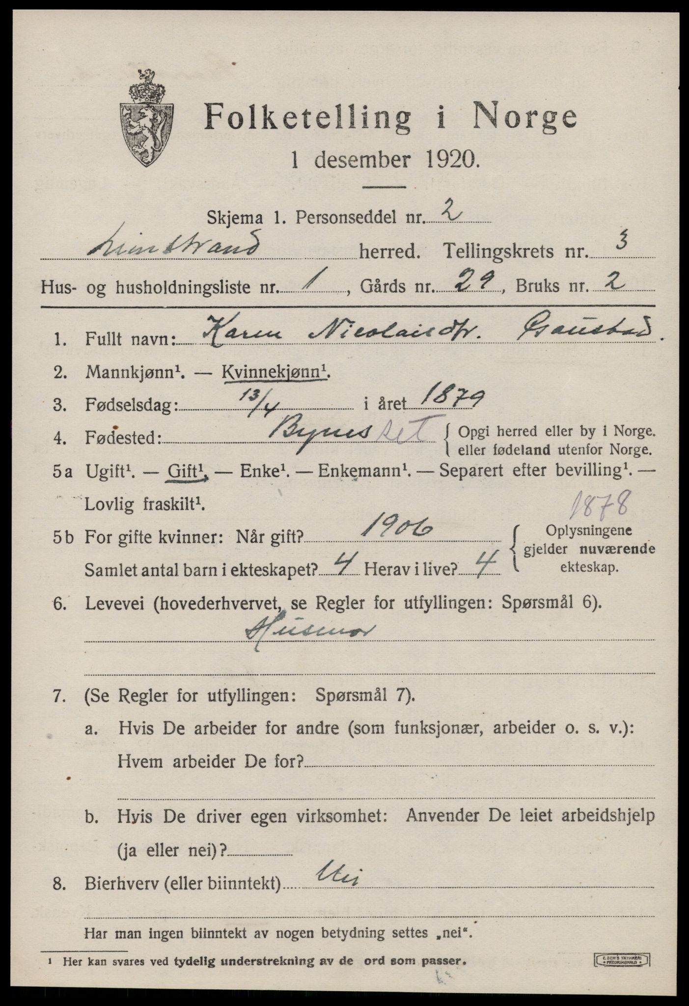 SAT, 1920 census for Leinstrand, 1920, p. 2285