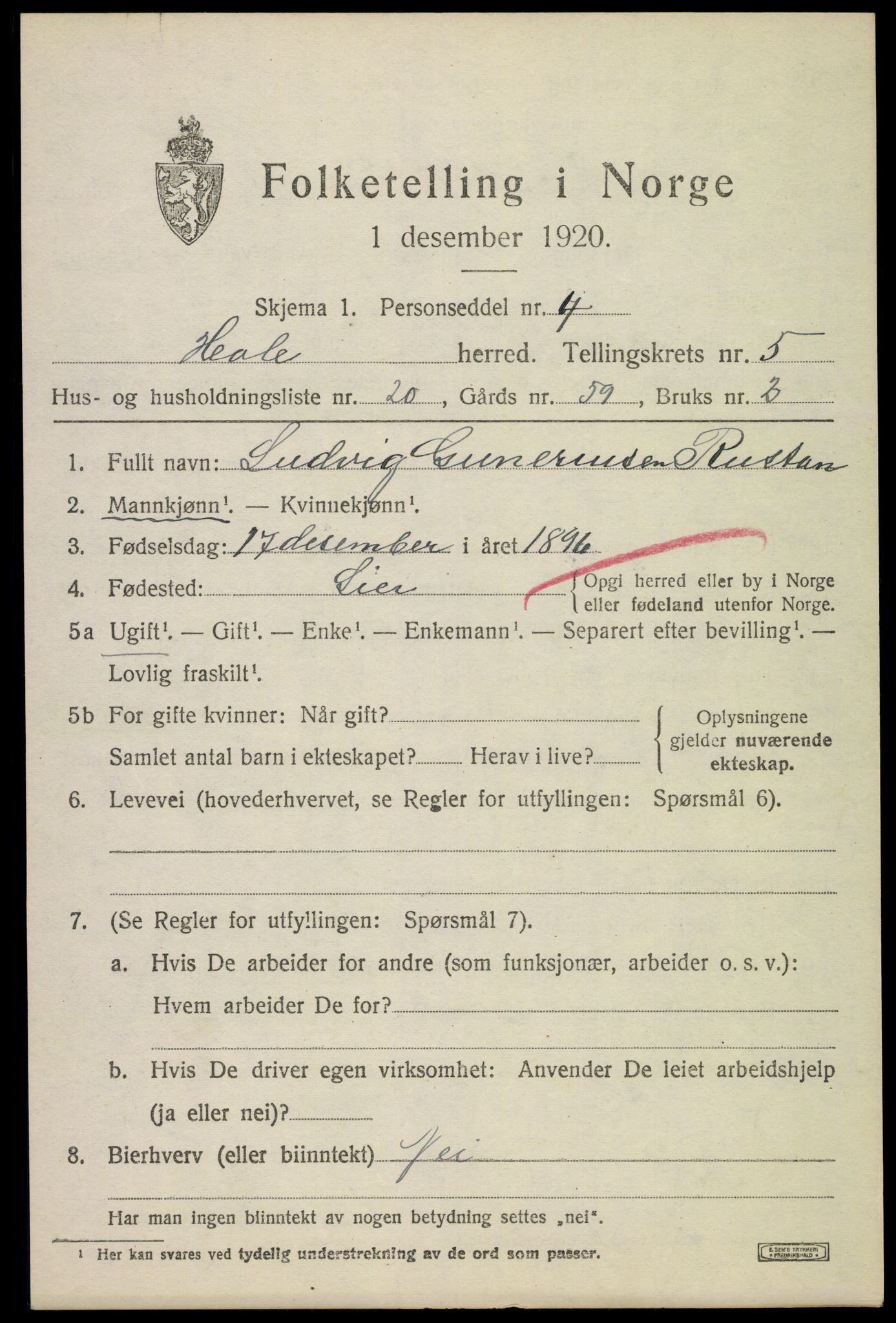 SAKO, 1920 census for Hole, 1920, p. 3543