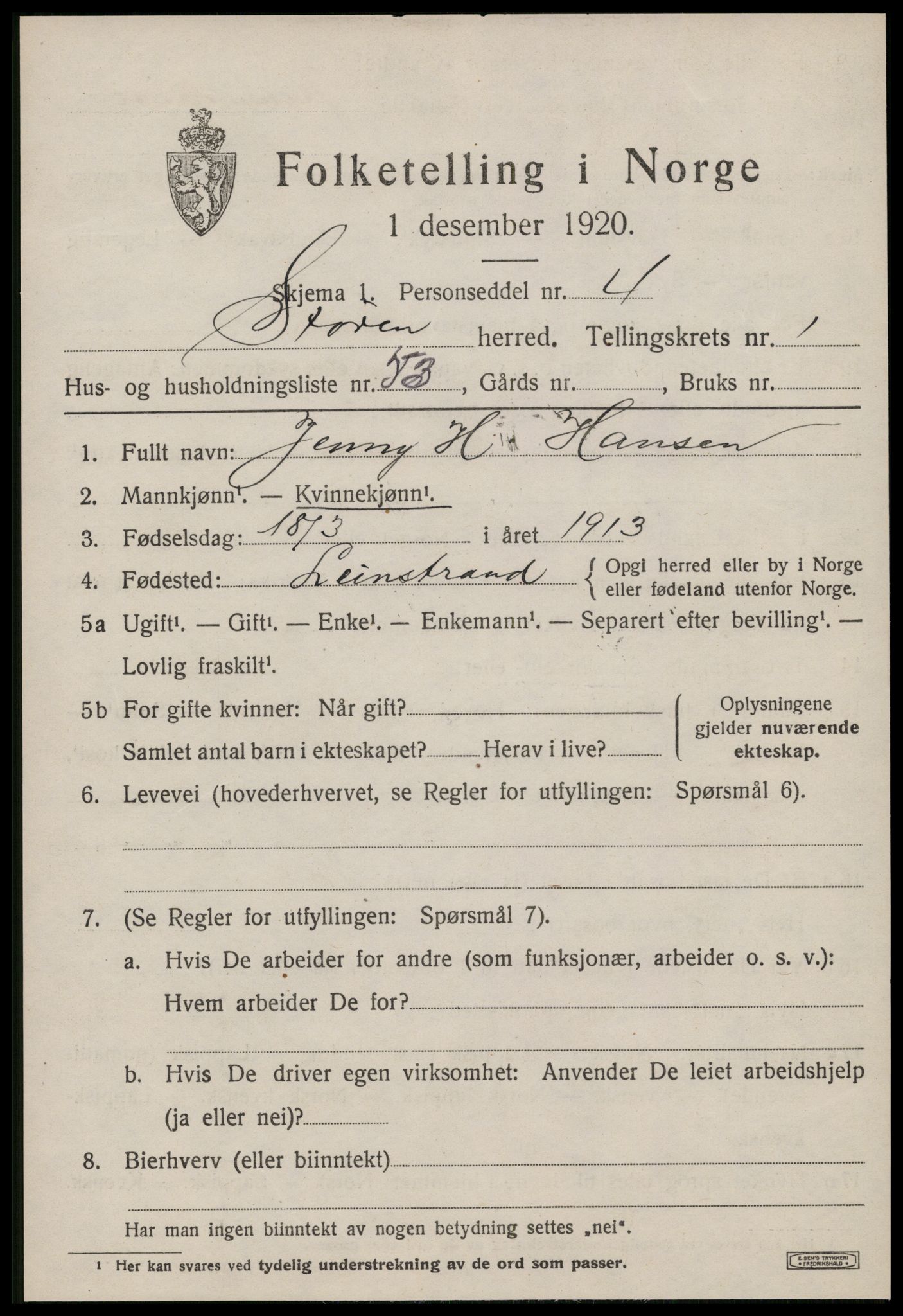 SAT, 1920 census for Støren, 1920, p. 1422