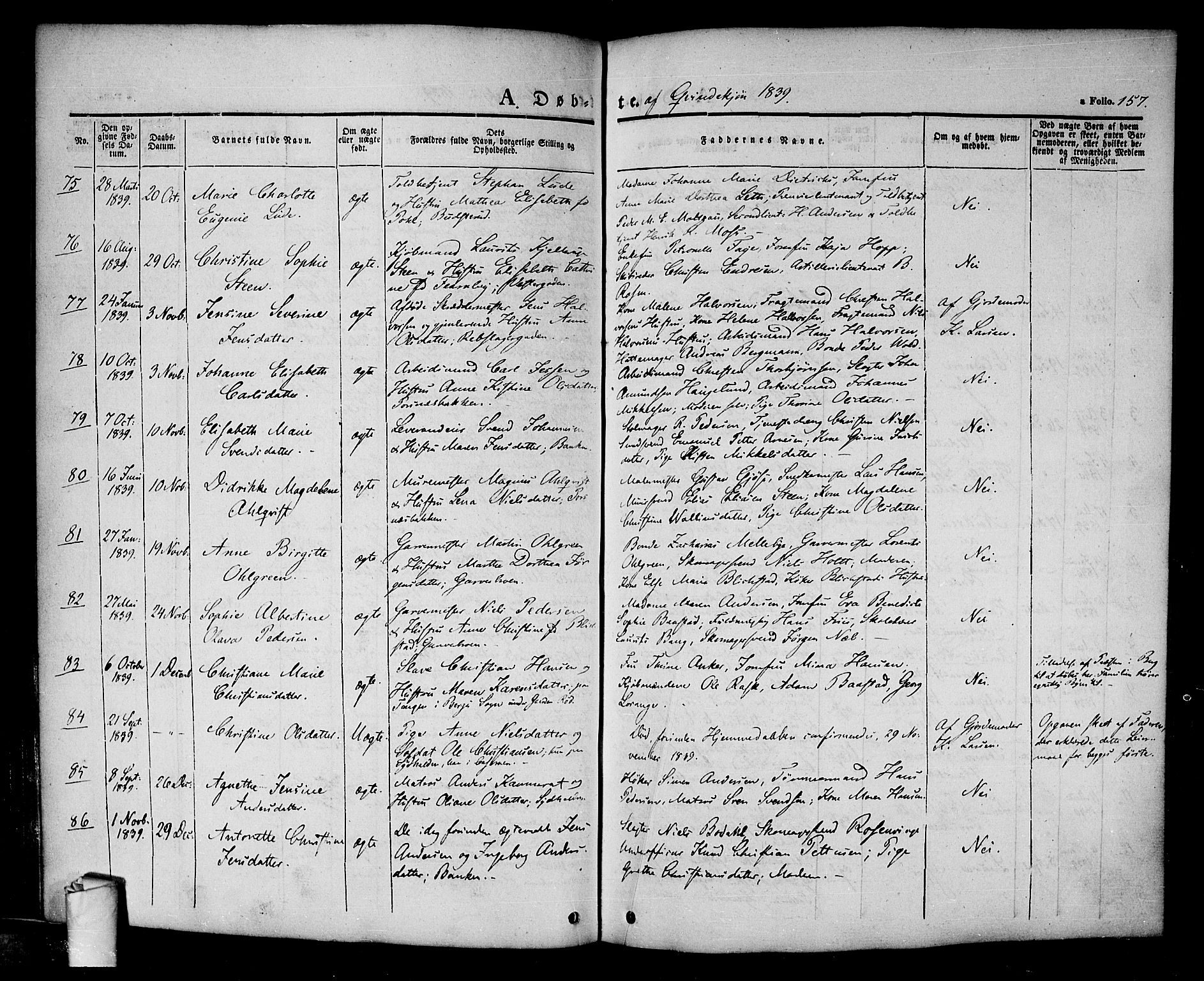 Halden prestekontor Kirkebøker, AV/SAO-A-10909/F/Fa/L0005: Parish register (official) no. I 5, 1834-1845, p. 157