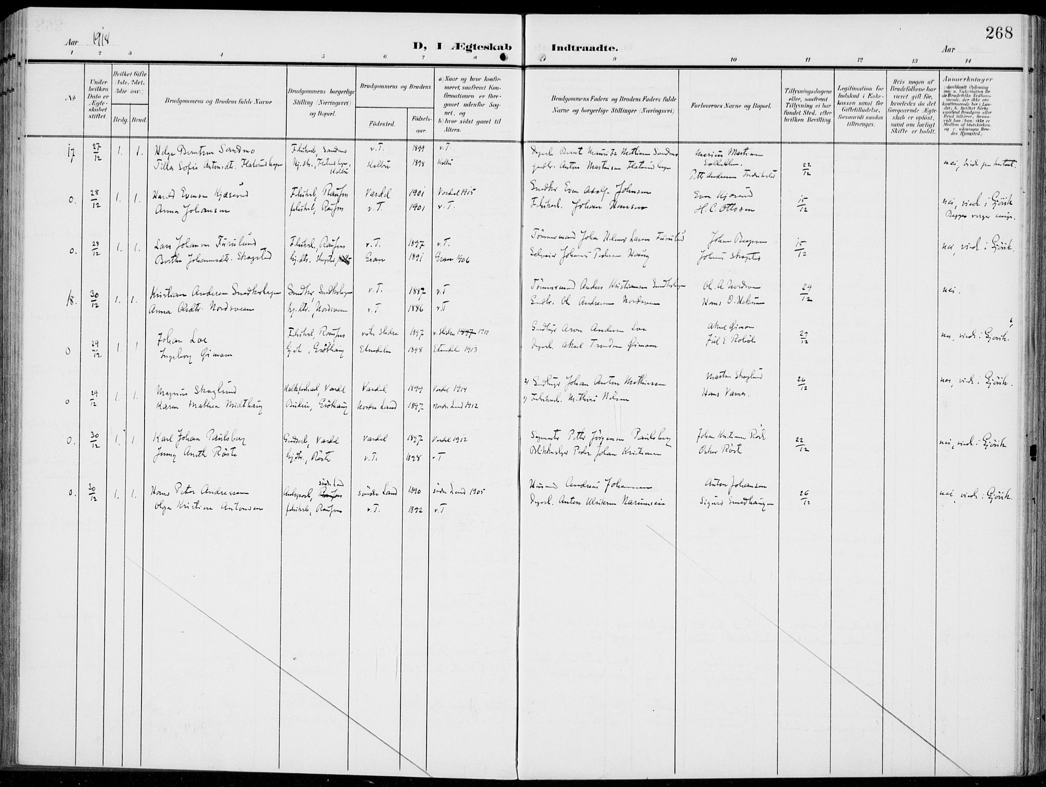 Vestre Toten prestekontor, AV/SAH-PREST-108/H/Ha/Haa/L0014: Parish register (official) no. 14, 1907-1920, p. 268