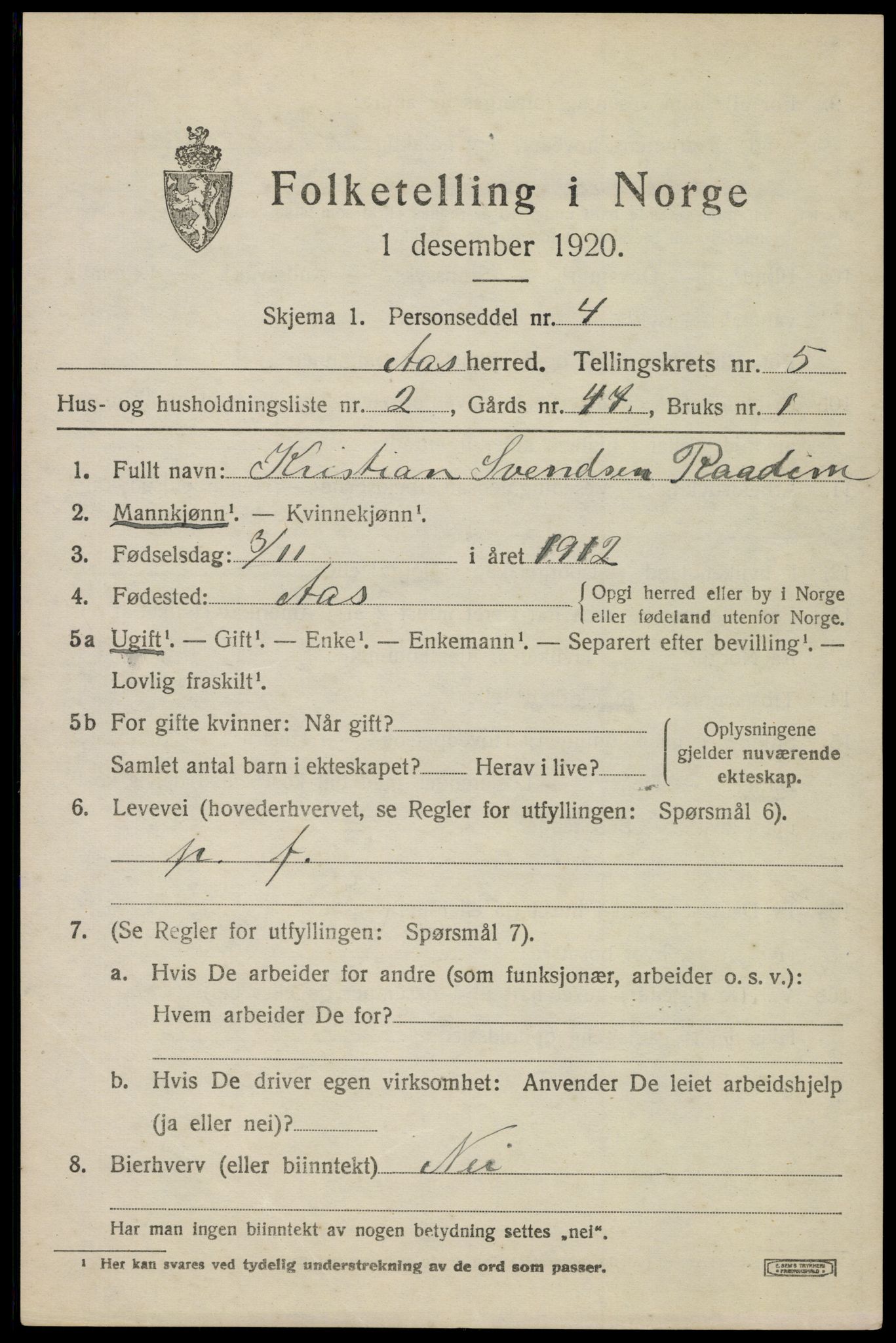 SAO, 1920 census for Ås, 1920, p. 5850