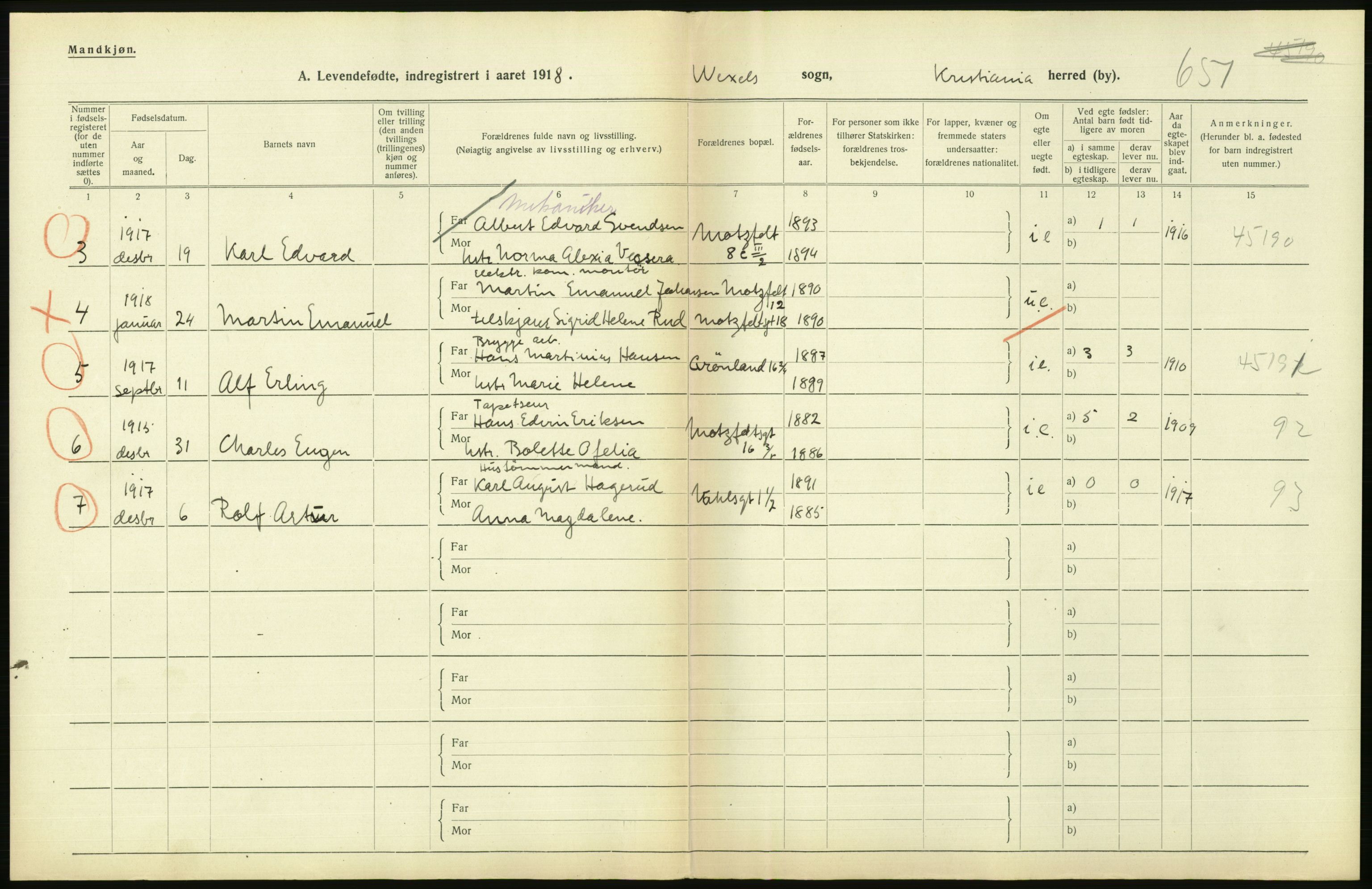 Statistisk sentralbyrå, Sosiodemografiske emner, Befolkning, AV/RA-S-2228/D/Df/Dfb/Dfbh/L0008: Kristiania: Levendefødte menn og kvinner., 1918, p. 784