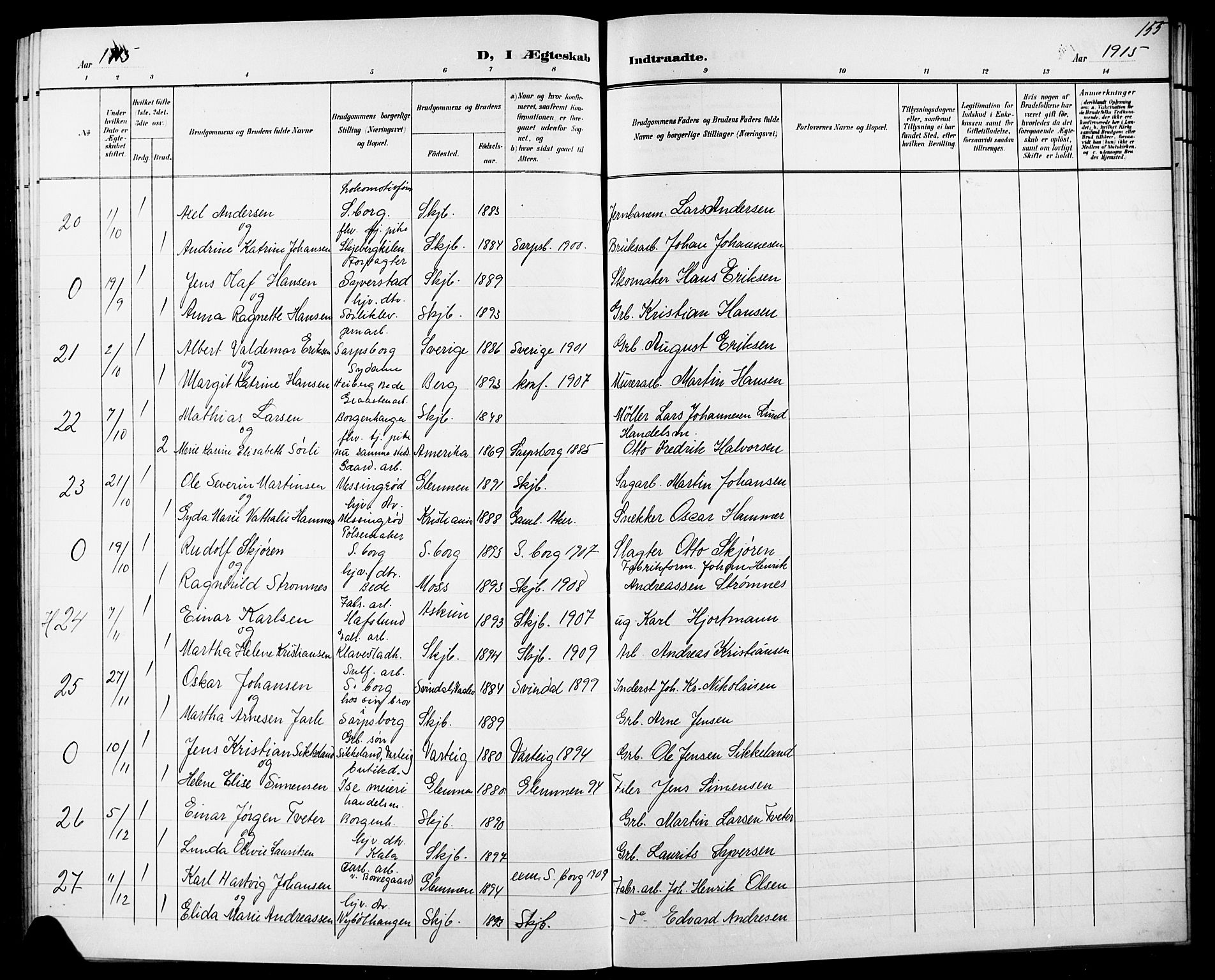 Skjeberg prestekontor Kirkebøker, SAO/A-10923/G/Ga/L0002: Parish register (copy) no. I 2, 1901-1924, p. 155