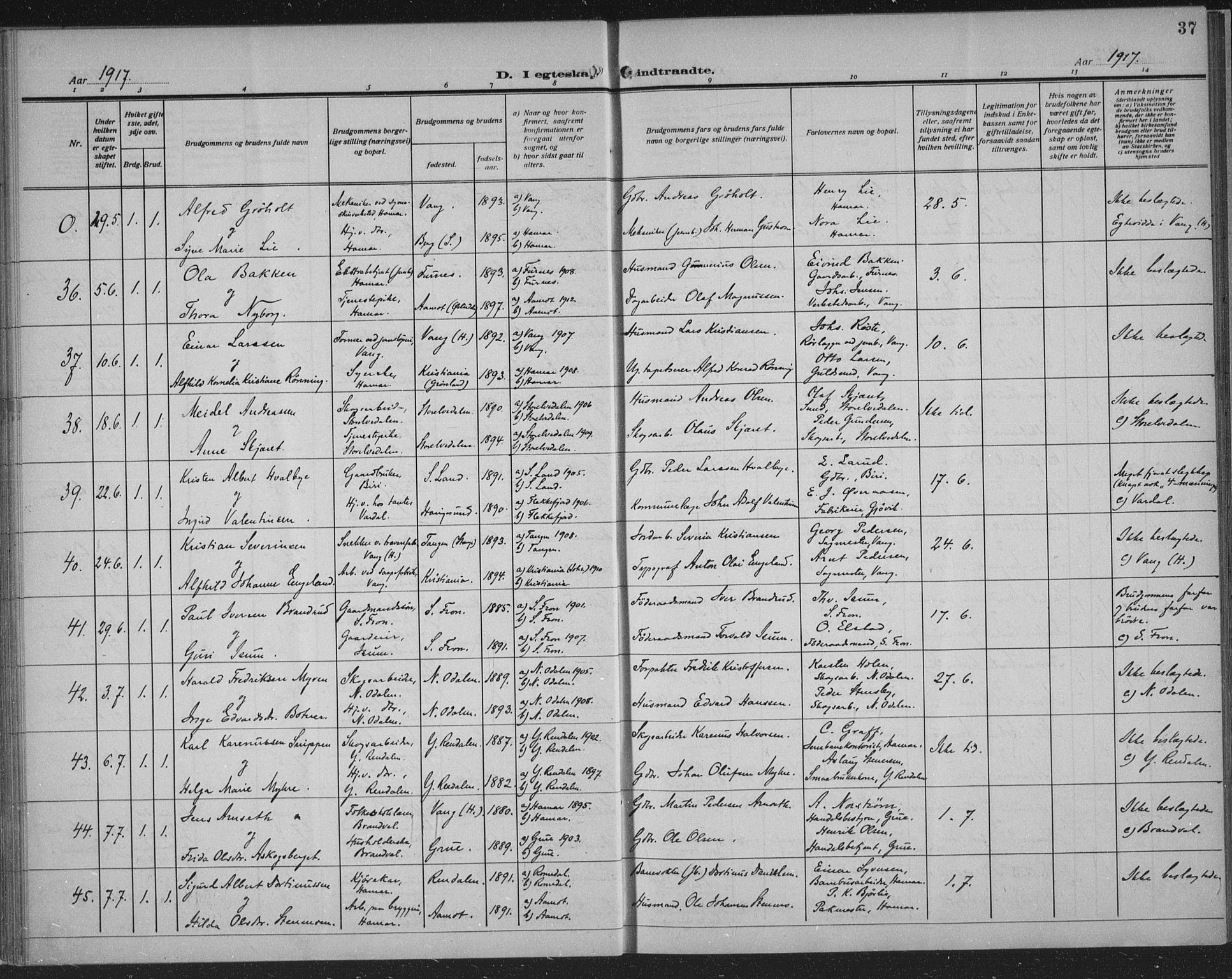 Hamar prestekontor, AV/SAH-DOMPH-002/H/Ha/Haa/L0003: Parish register (official) no. 3, 1913-1930, p. 37