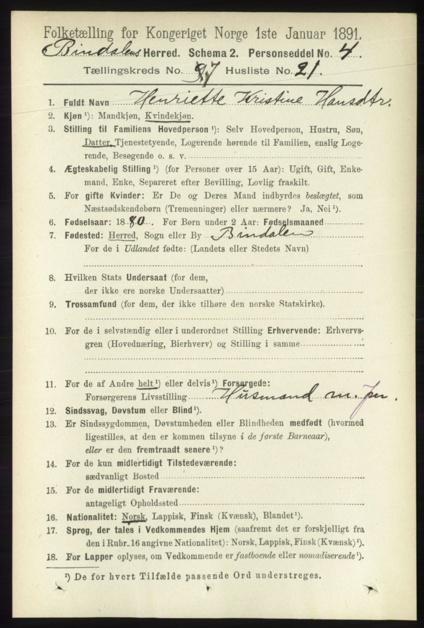 RA, 1891 census for 1811 Bindal, 1891, p. 2385