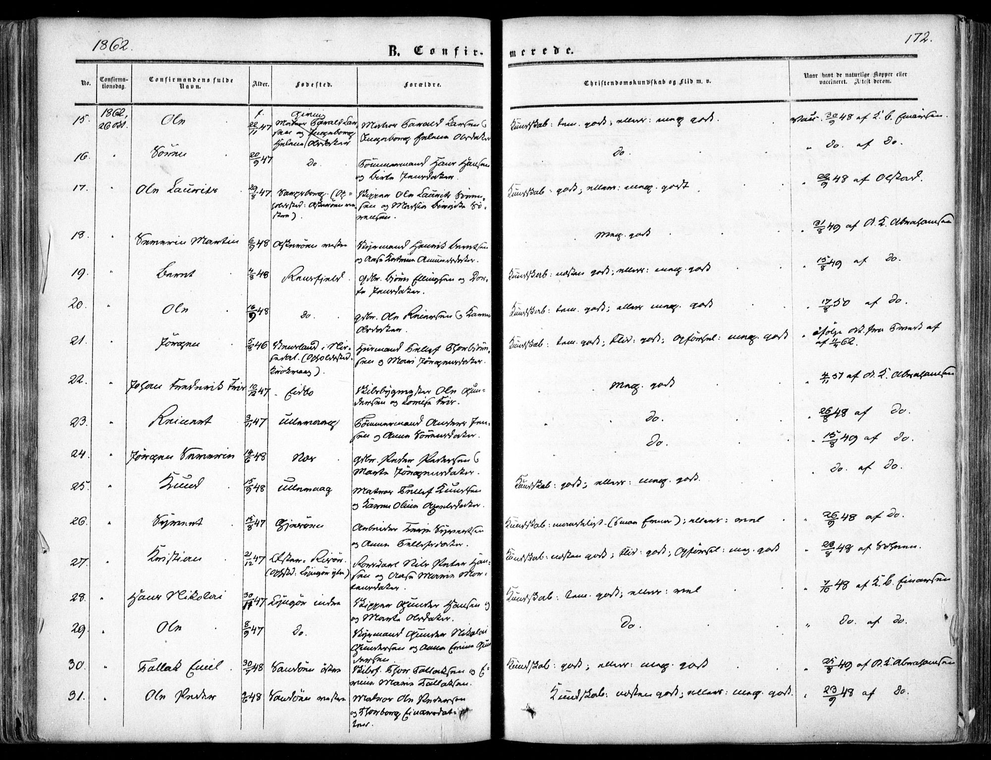 Dypvåg sokneprestkontor, SAK/1111-0007/F/Fa/Faa/L0006: Parish register (official) no. A 6, 1855-1872, p. 172